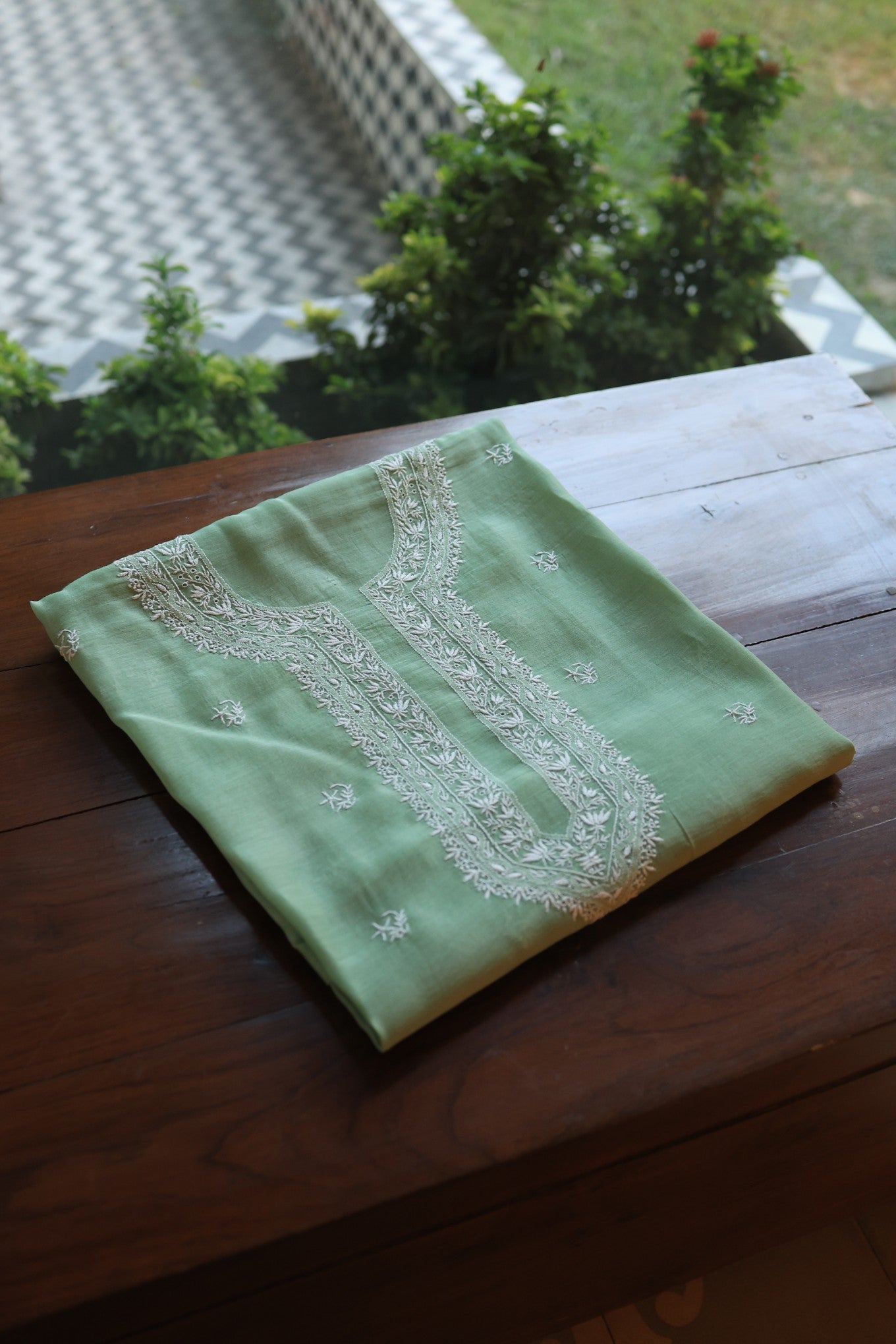 Hazel Green Shade Mulmul Chikankari Unstitched Men's Kurtas Fabric