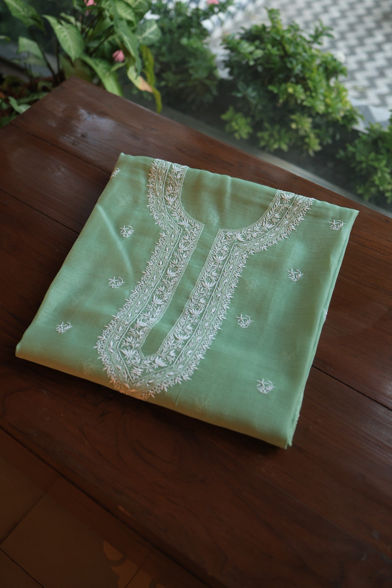 Hazel Green Shade Mulmul Chikankari Unstitched Men's Kurtas Fabric
