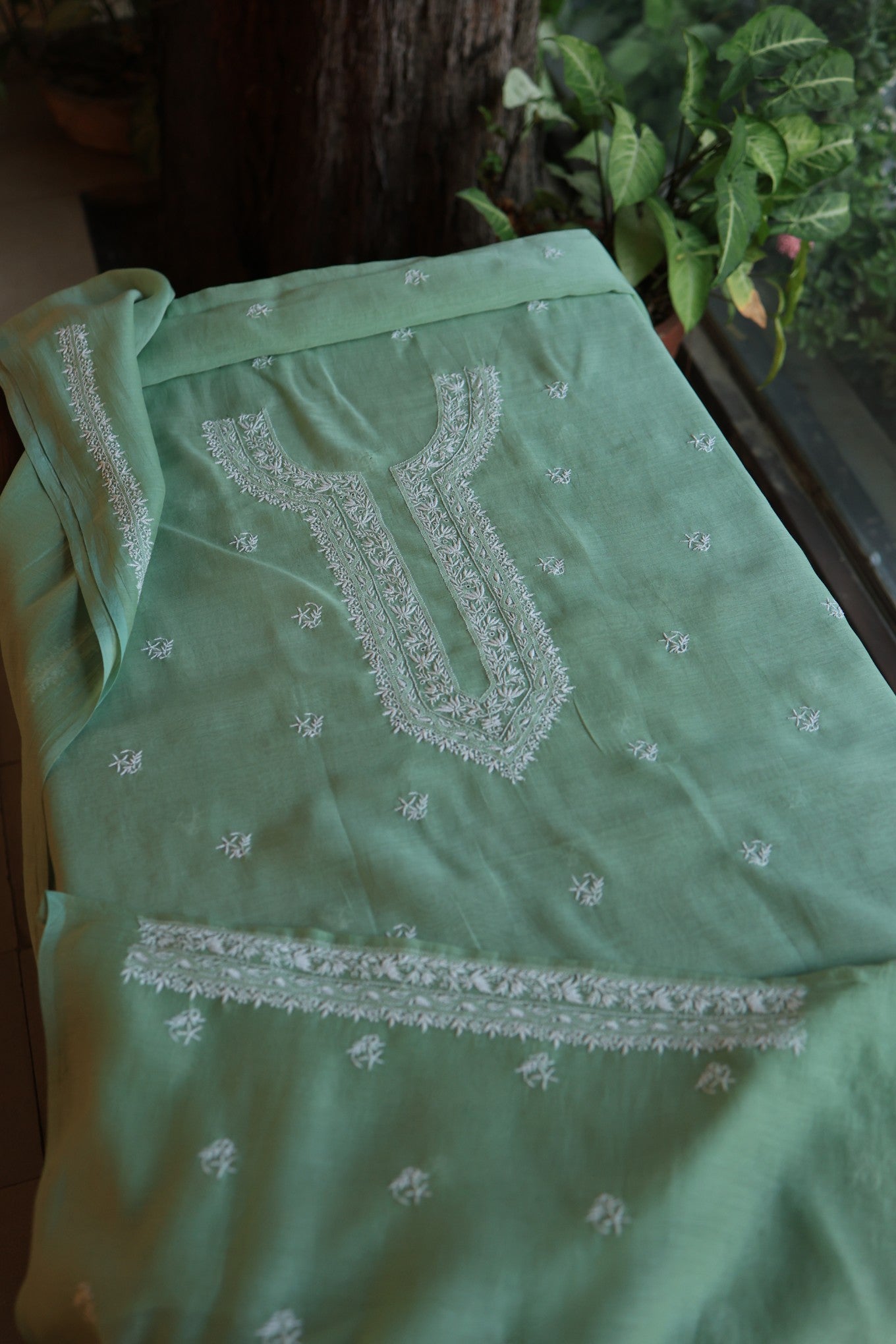 Hazel Green Shade Mulmul Chikankari Unstitched Men's Kurtas Fabric