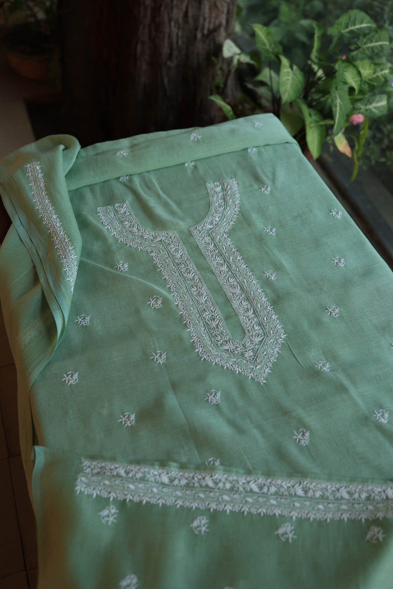 Hazel Green Shade Mulmul Chikankari Unstitched Men's Kurtas Fabric