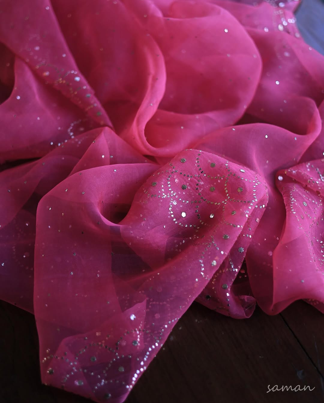 Hot Pink Chanderi Silk Mukaish Badla Unstitched Fabrics