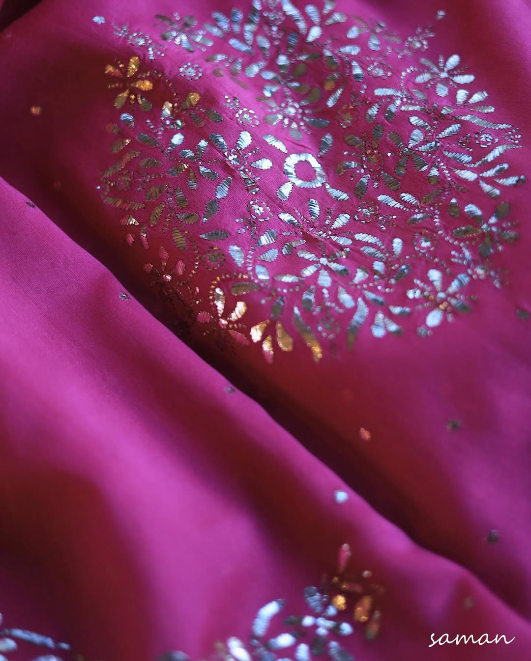 Hot Pink Chanderi Silk Mukaish Badla Unstitched Fabrics