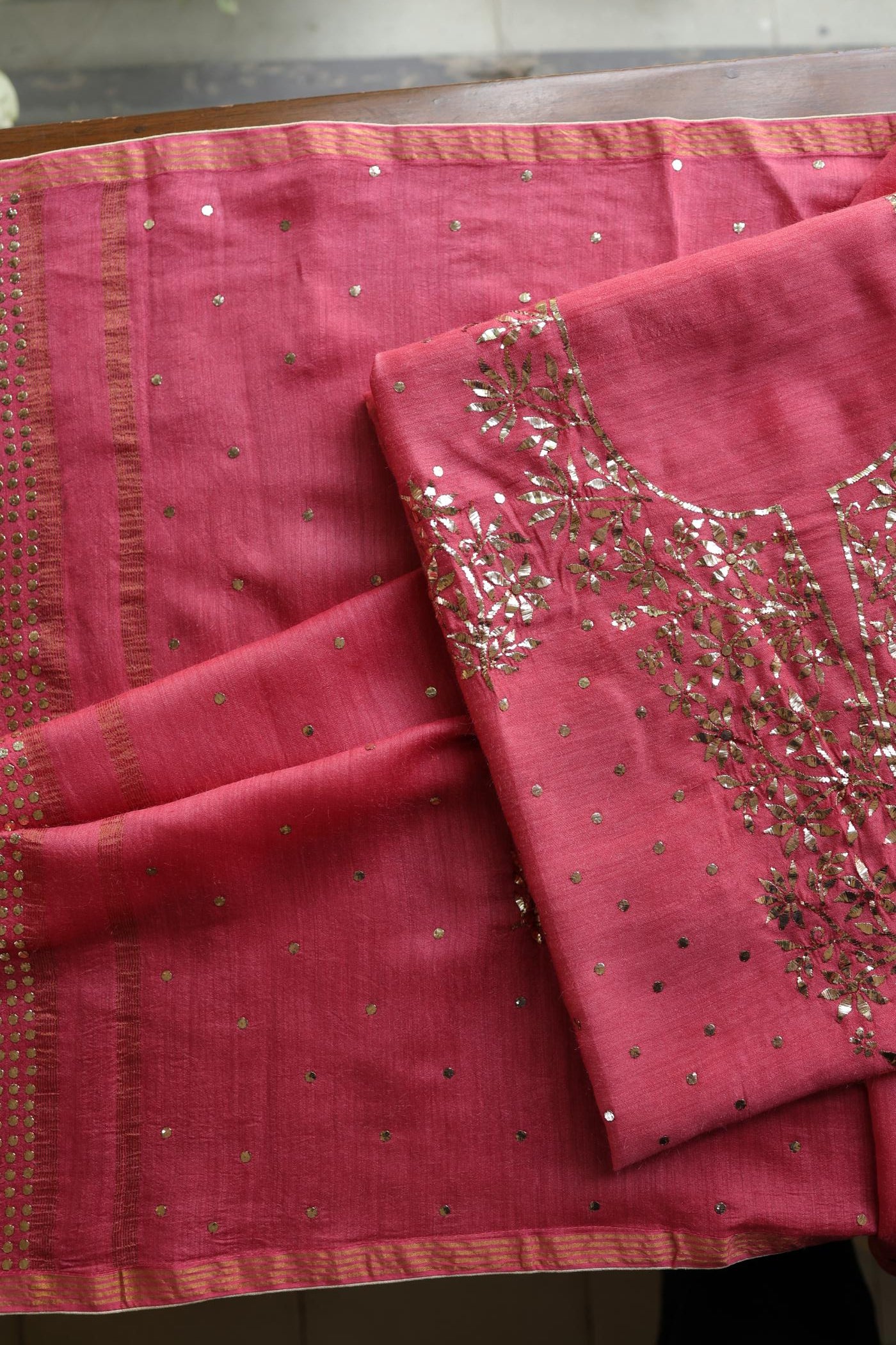 Hot Pink Chanderi Silk Mukaish Badla Unstitched Fabrics