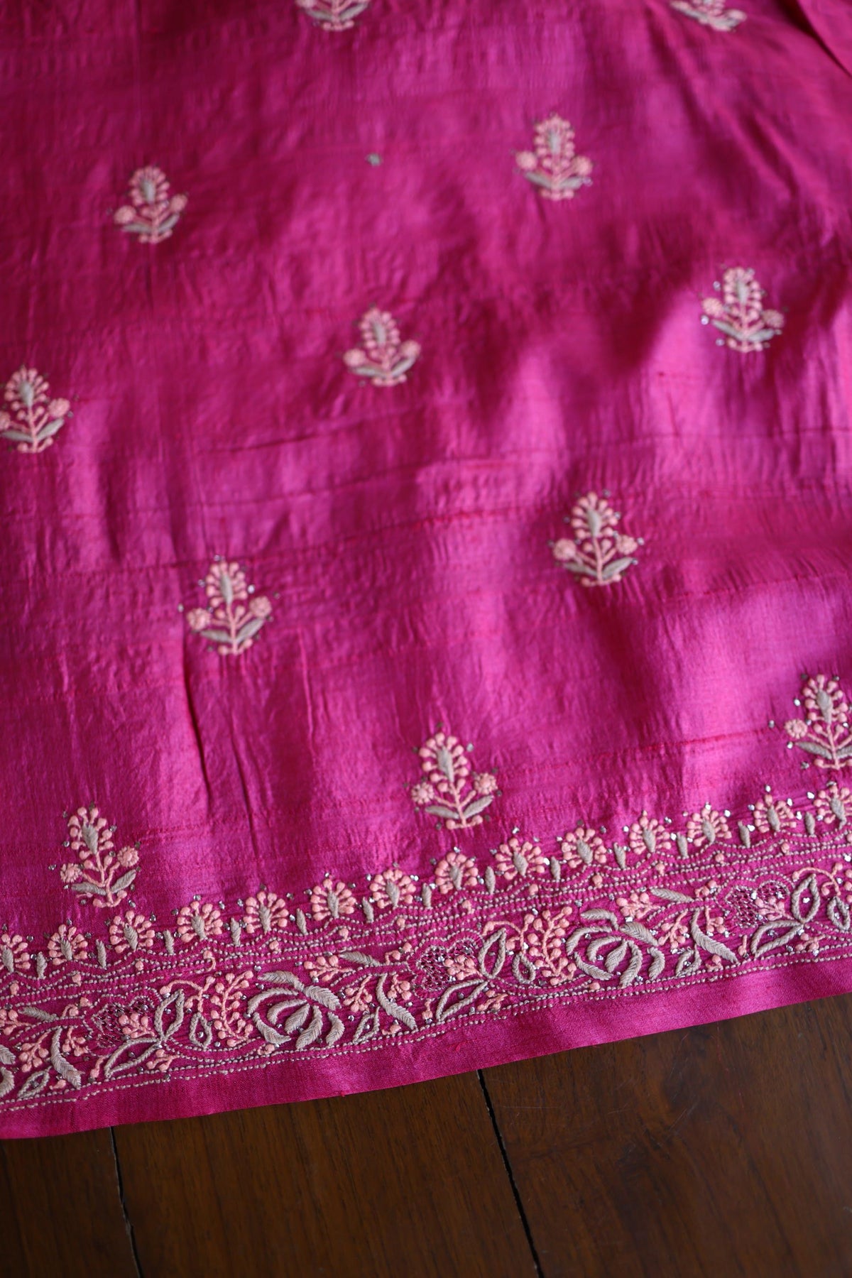Hot Pink Shade Tussar Silk Chikankari & Mukaish Kamdani Unstitched Kurta Dupatta Set