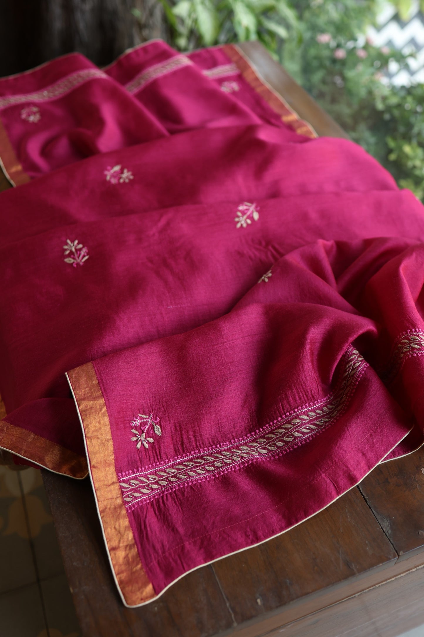 Hot Pink Moonga Silk Chikankari Unstitched Fabric