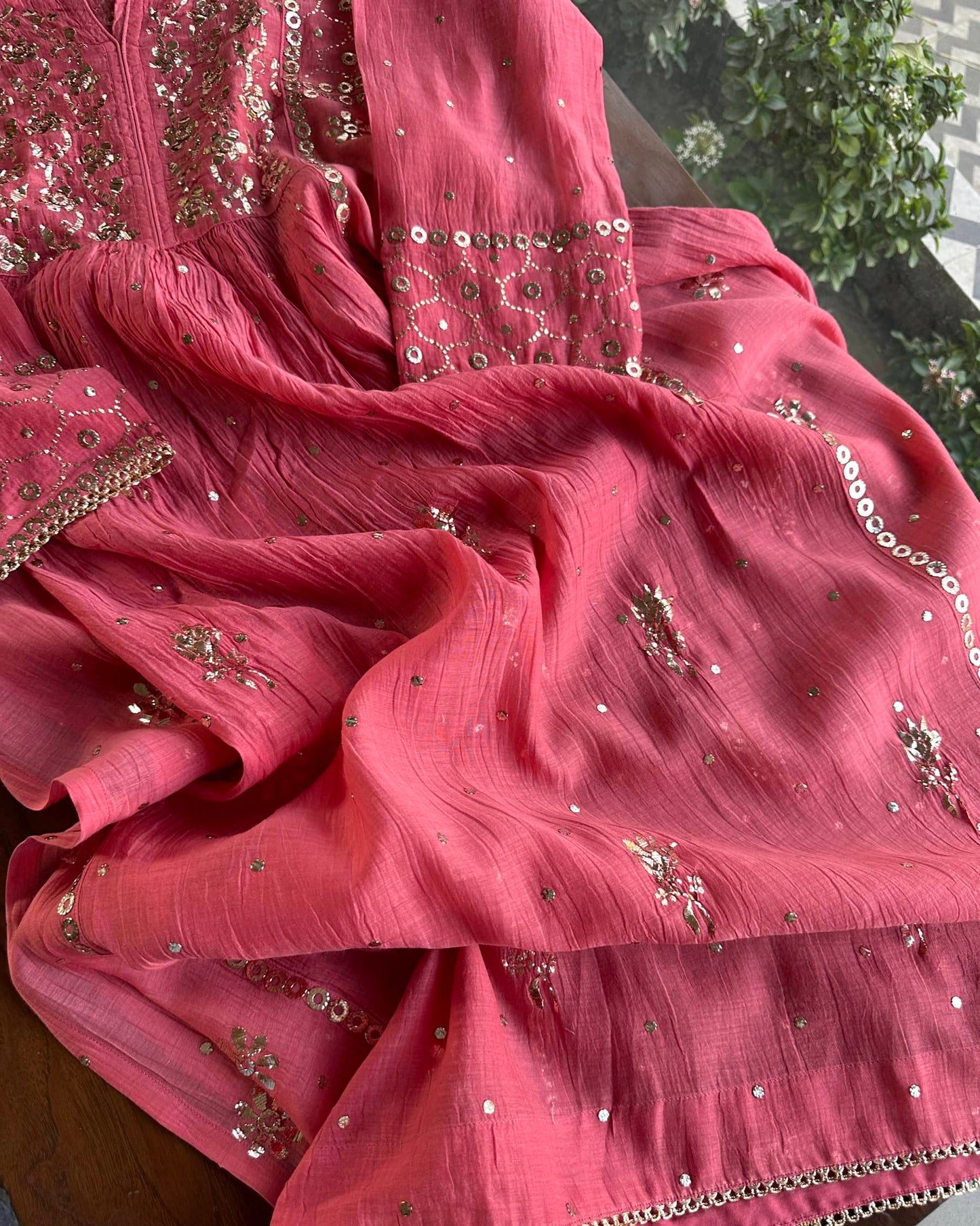 Hot Pink Mukaish Mul Chanderi Silk Dress