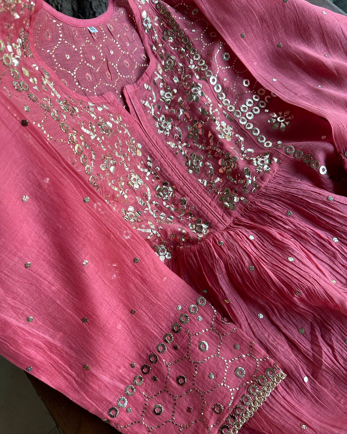 Hot Pink Mukaish Mul Chanderi Silk Dress