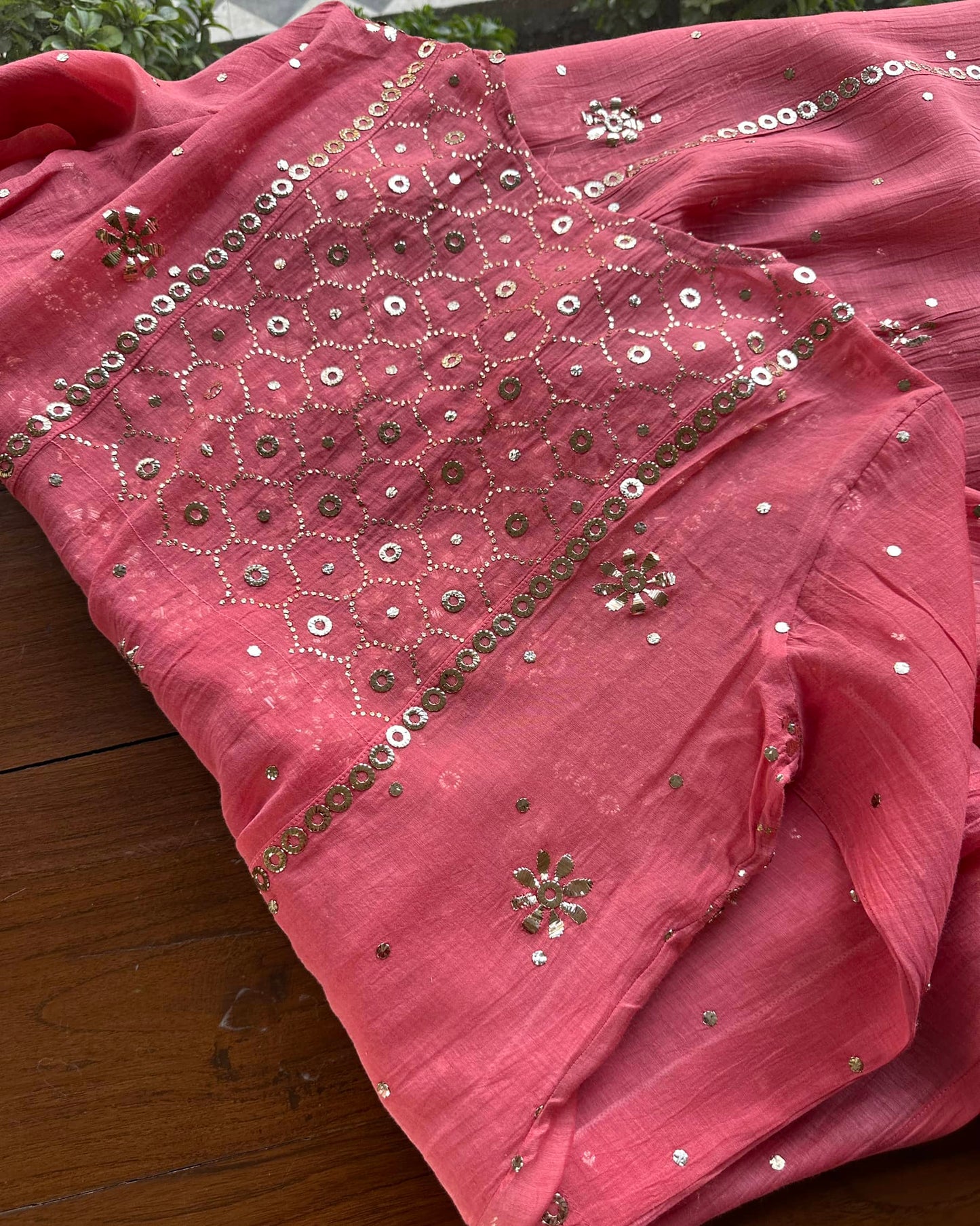Hot Pink Mukaish Mul Chanderi Silk Dress