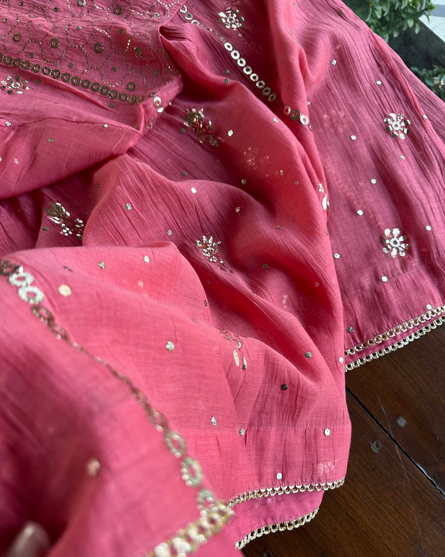 Hot Pink Mukaish Mul Chanderi Silk Dress