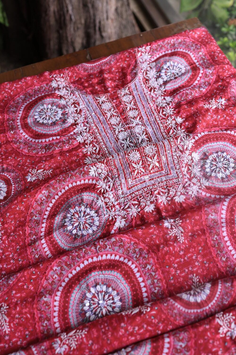 Hot Pink Muslin Chikankari Unstitched Kurta Fabric