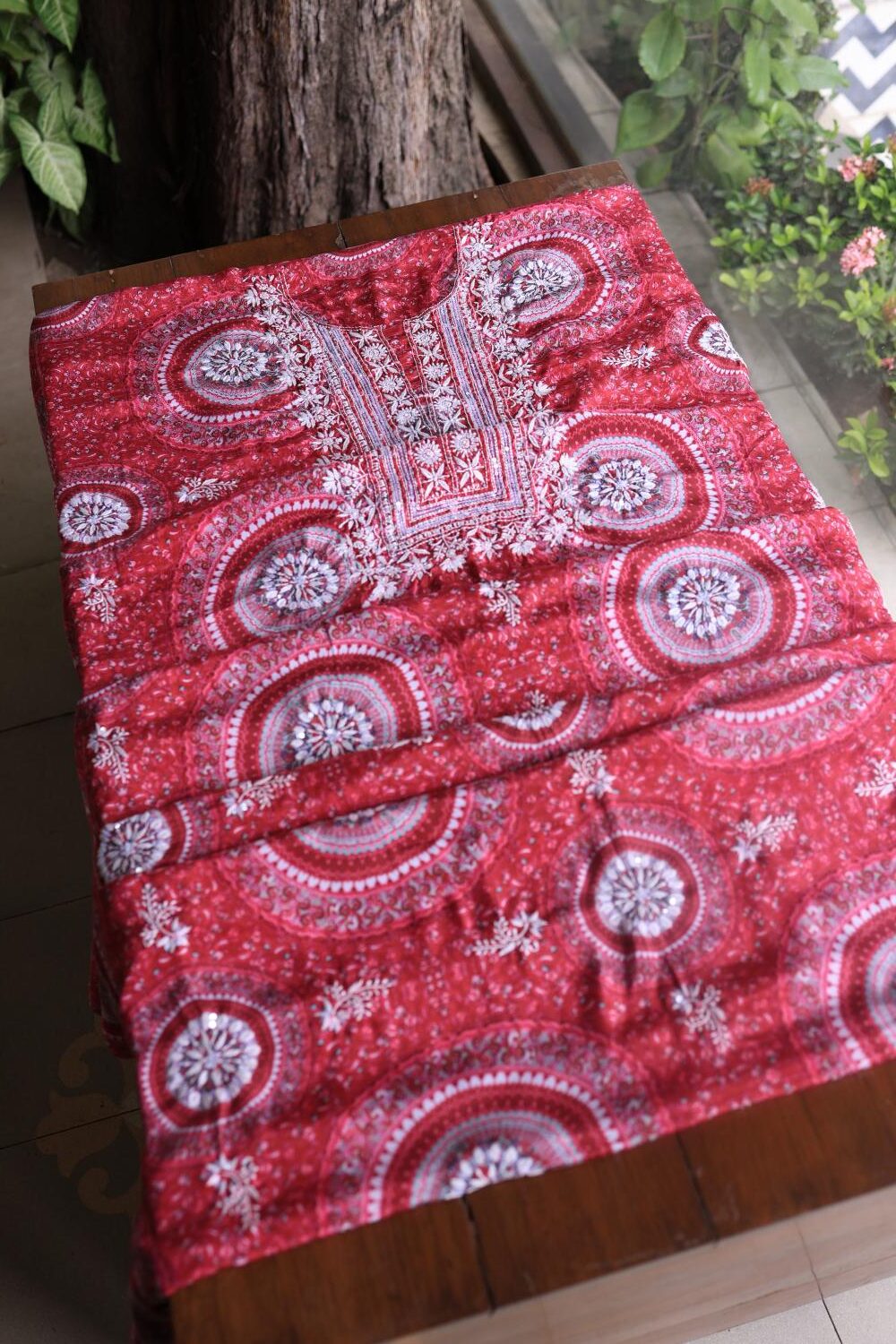 Hot Pink Muslin Chikankari Unstitched Kurta Fabric