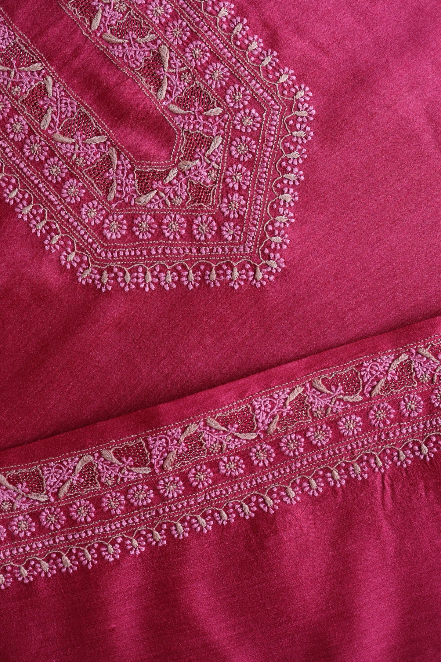 Hot Pink Shade Moonga Silk Chikankari Unisex Kurta Fabrics