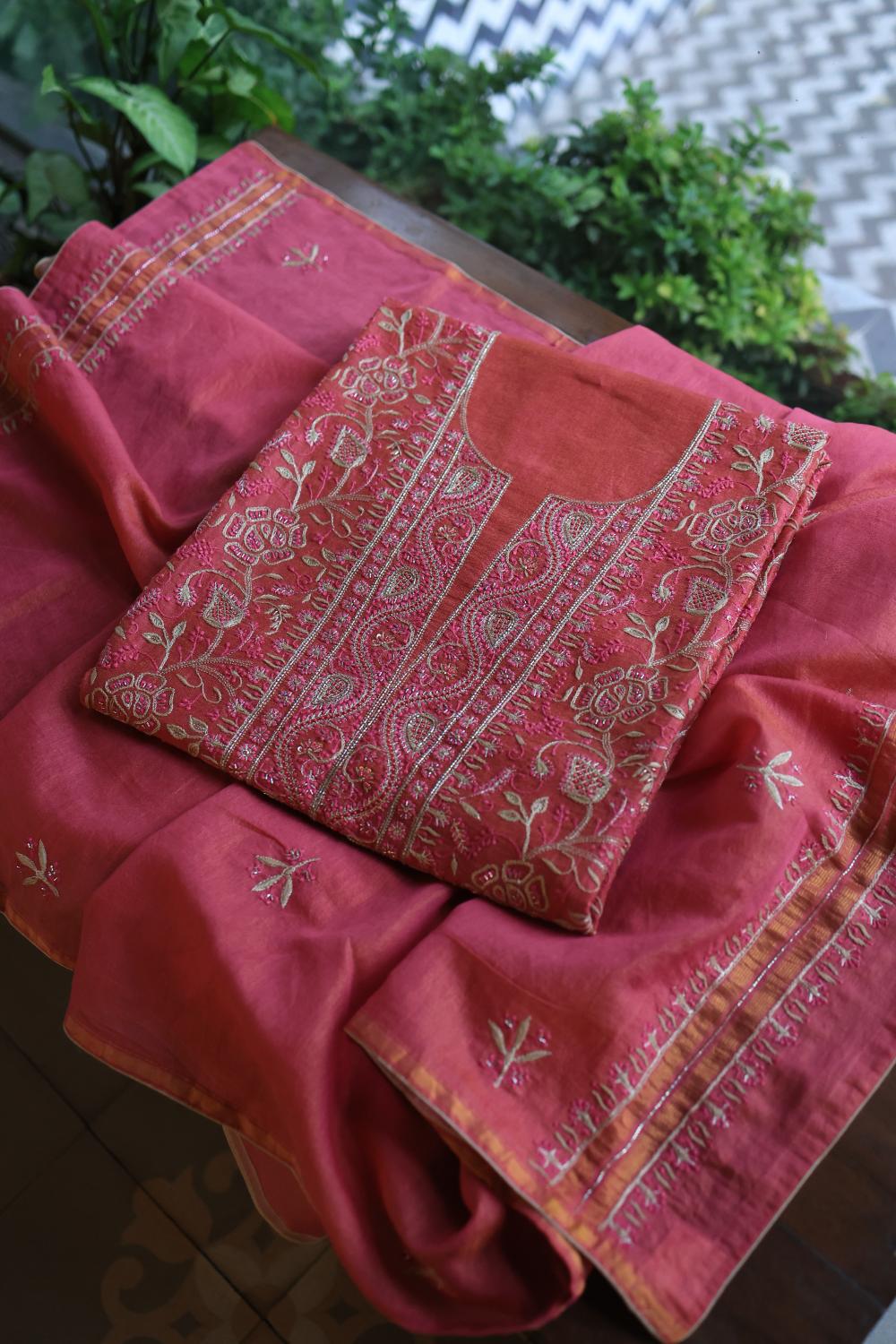 Hot Pink Tissue Silk Unstitched Fabric