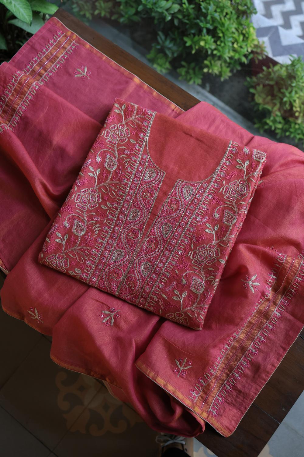 Hot Pink Tissue Silk Unstitched Fabric