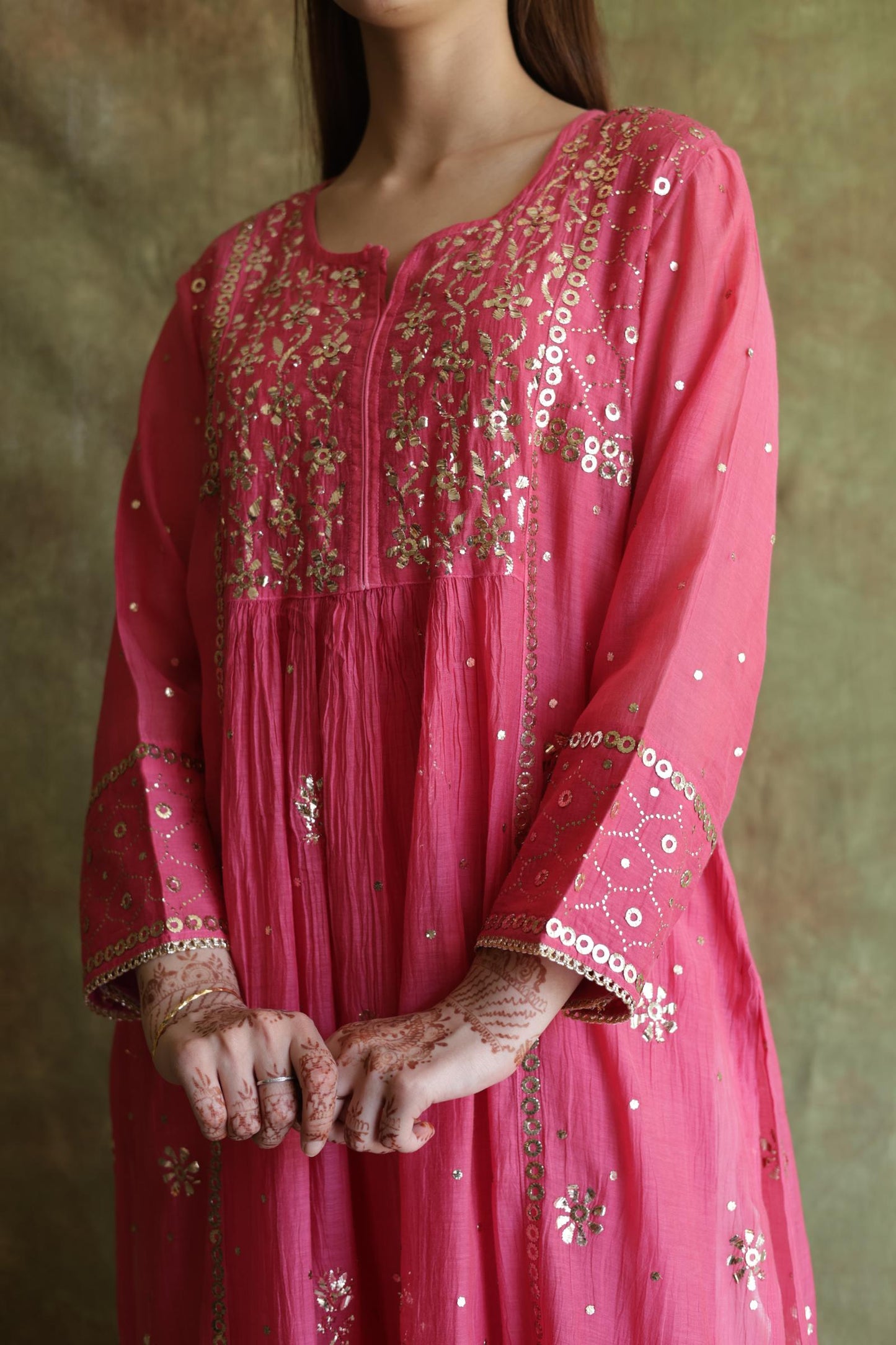 Hot Pink Mukaish Mul Chanderi Silk Ready To Wear Dress