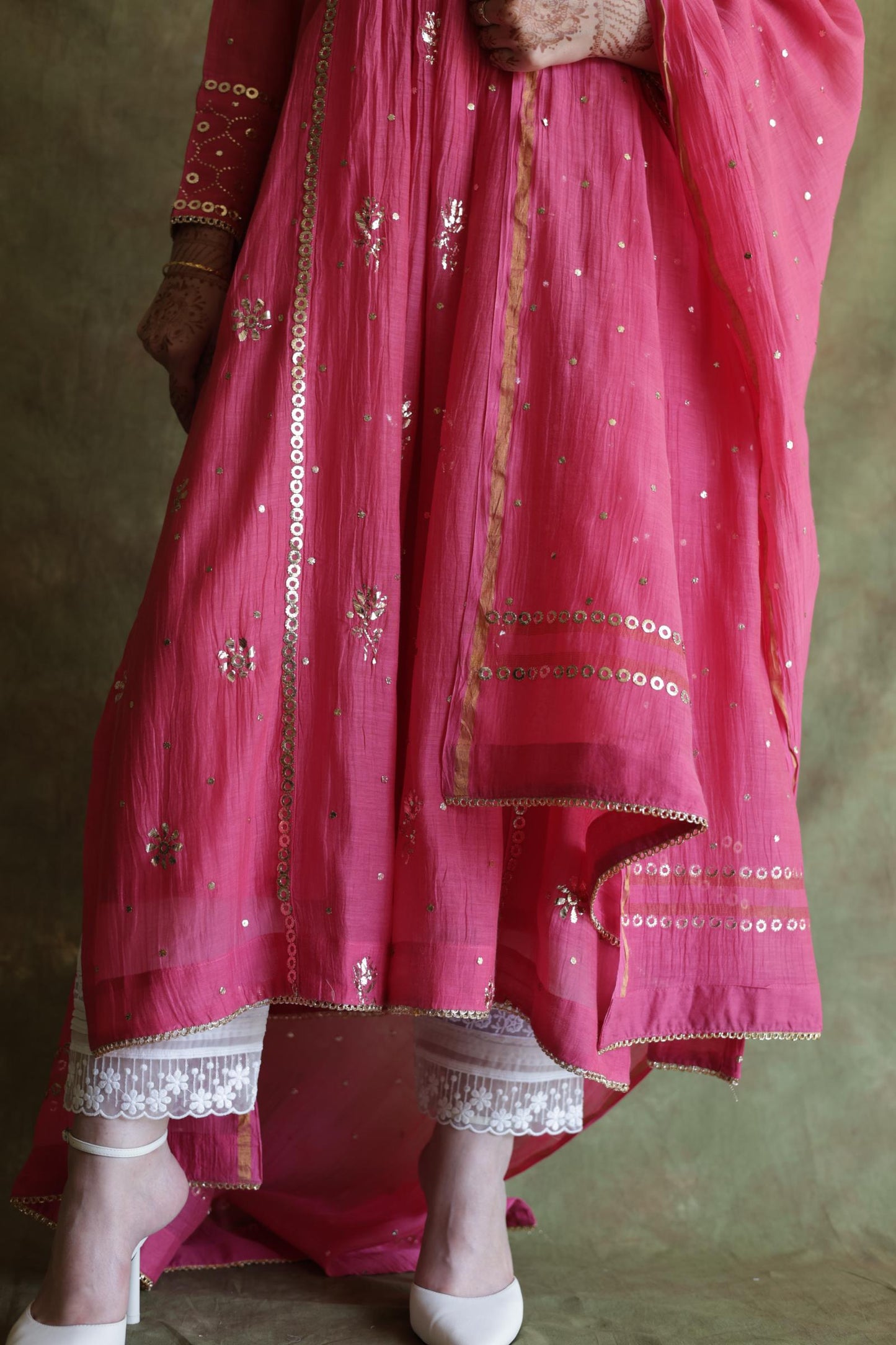 Hot Pink Mukaish Mul Chanderi Silk Ready To Wear Dress