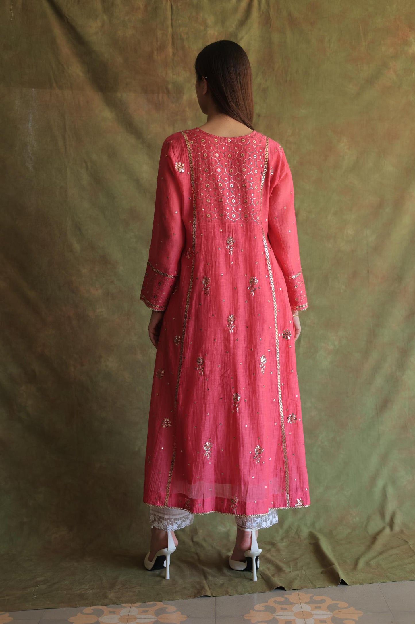 Hot Pink Mukaish Mul Chanderi Silk Ready To Wear Dress