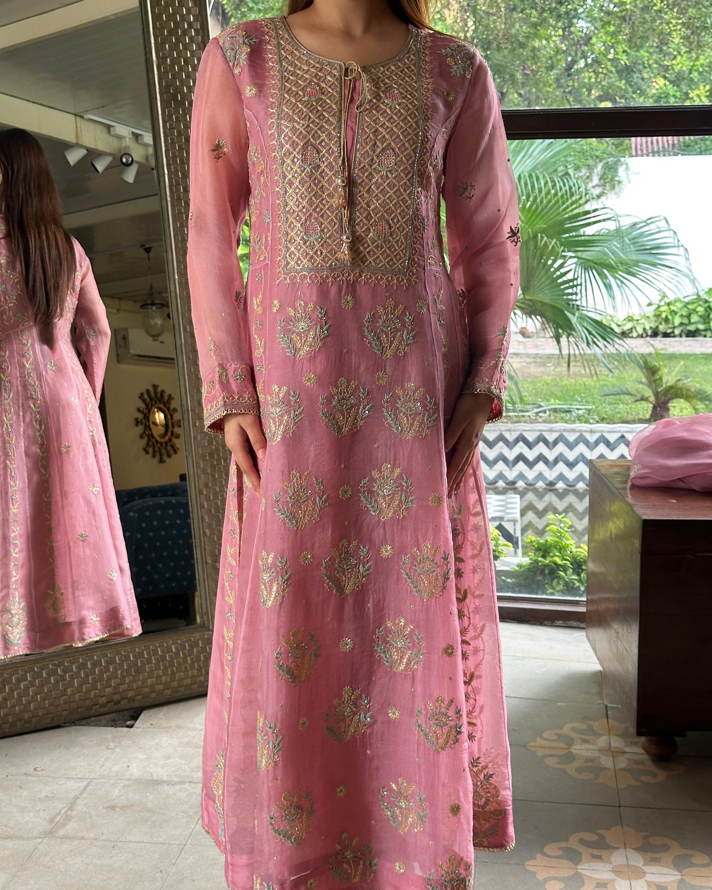 Candy Pink Noor Organza Chikankari Anarkali With Dupatta