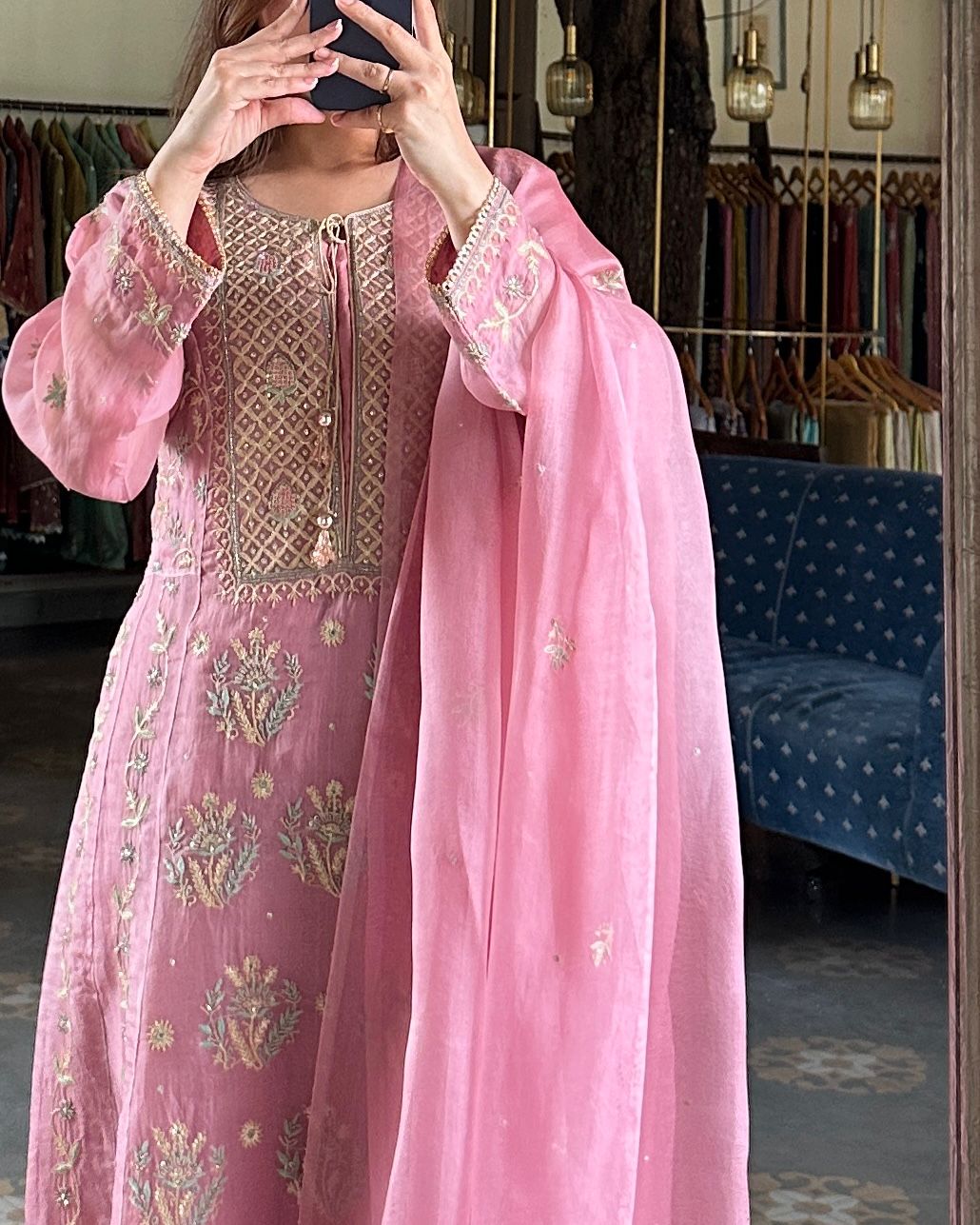 Candy Pink Noor Organza Chikankari Anarkali With Dupatta