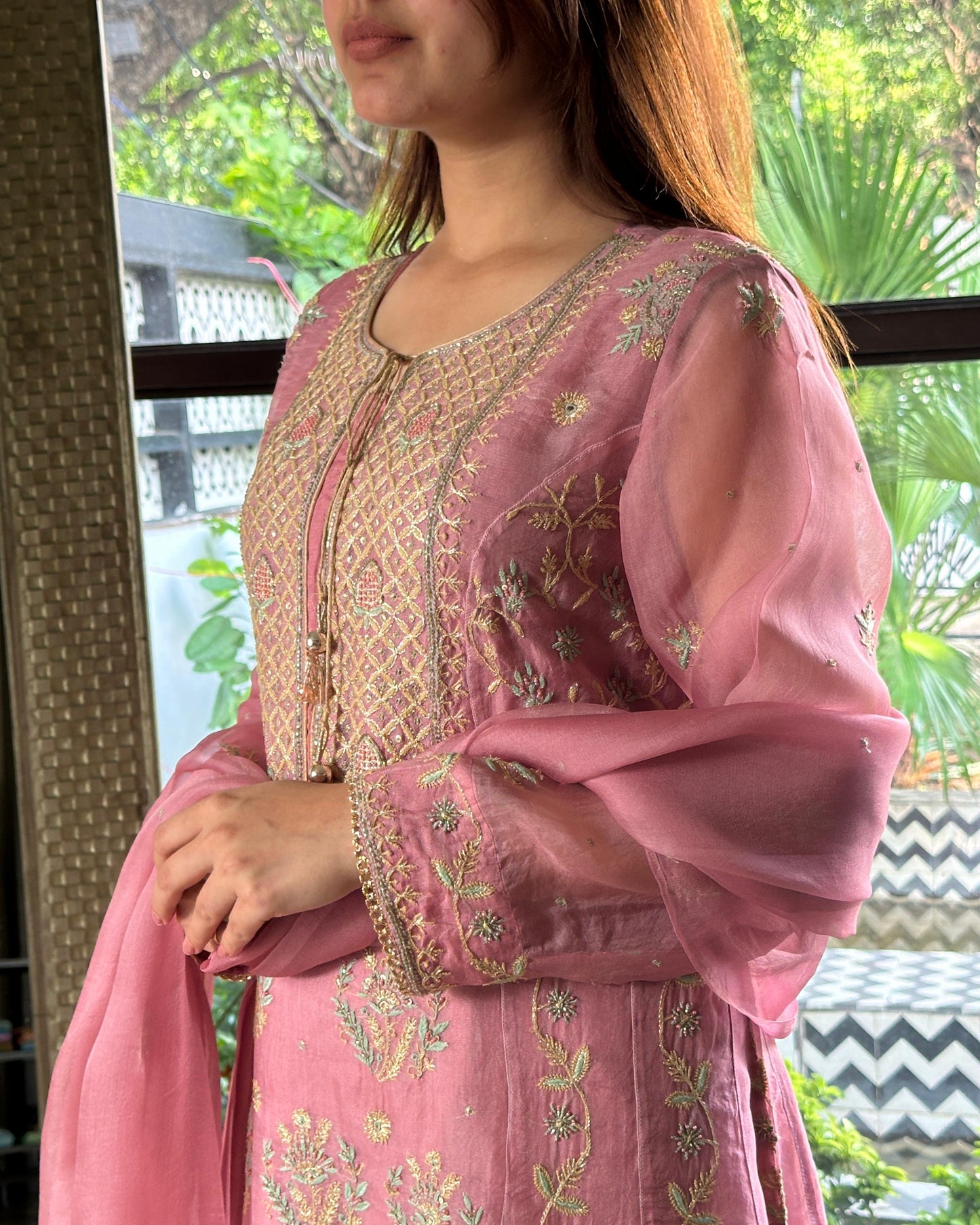 Candy Pink Noor Organza Chikankari Anarkali With Dupatta