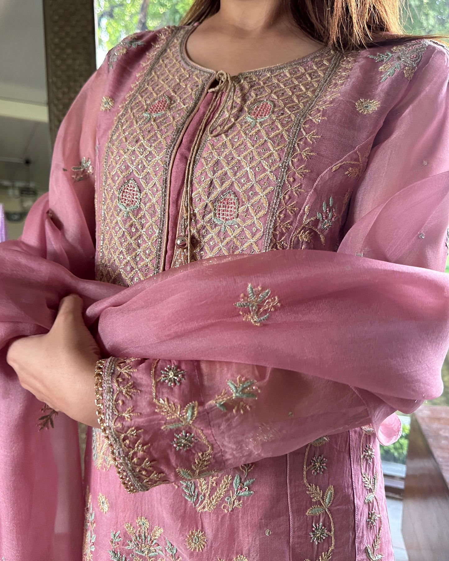 Candy Pink Noor Organza Chikankari Anarkali With Dupatta