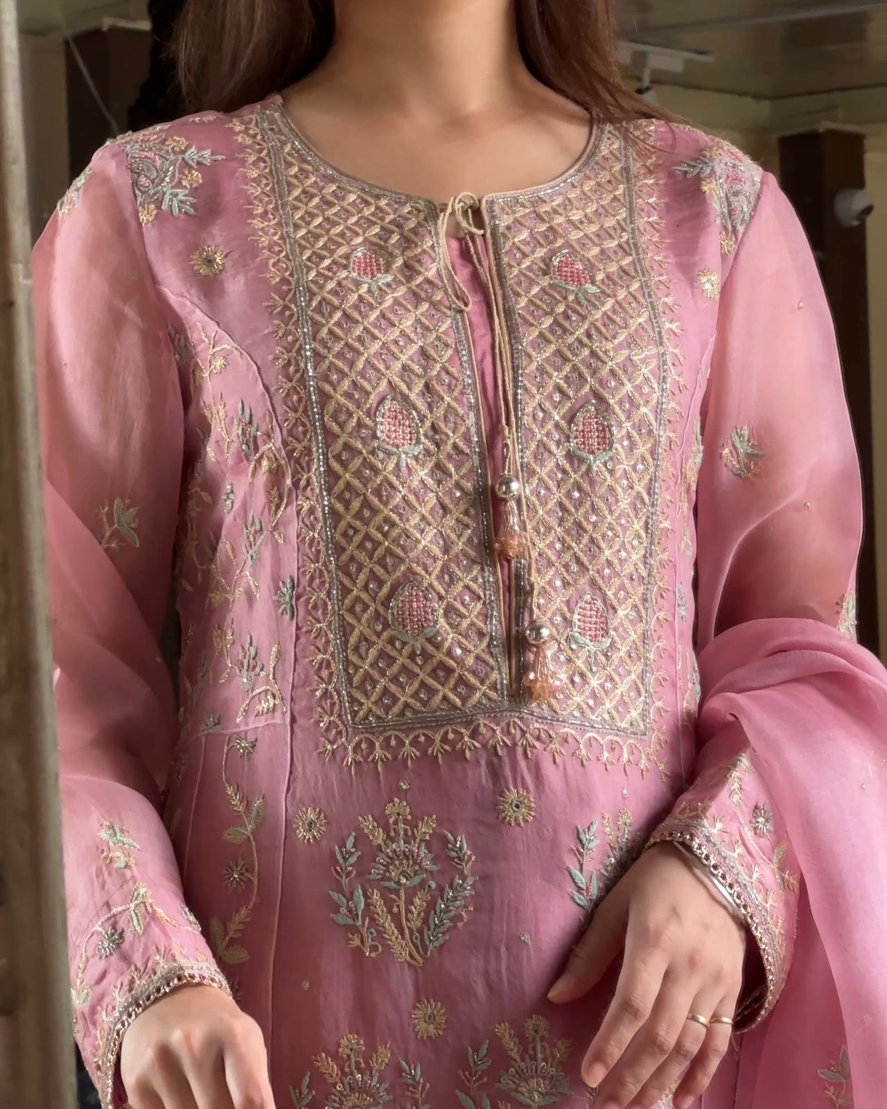Candy Pink Noor Organza Chikankari Anarkali With Dupatta