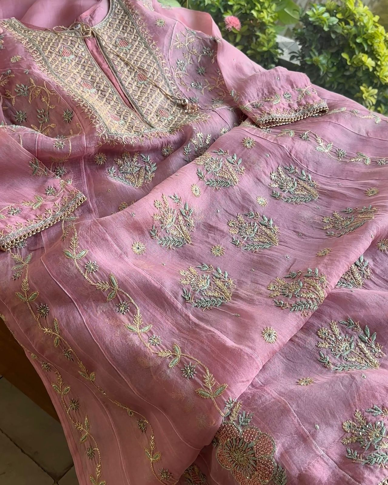 Candy Pink Noor Organza Chikankari Anarkali With Dupatta
