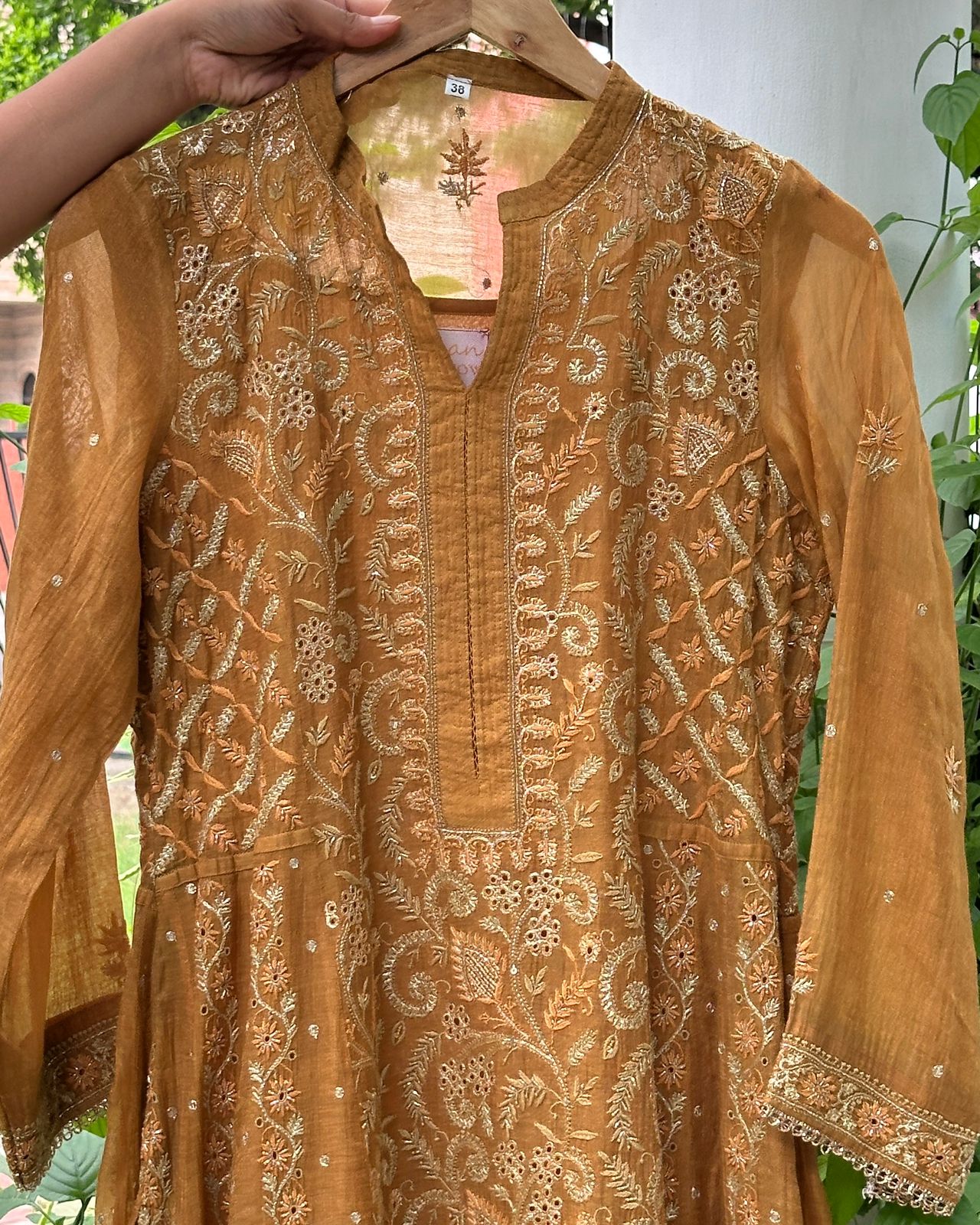 Mustard Yellow Tissue Silk Chikankari Anarkali
