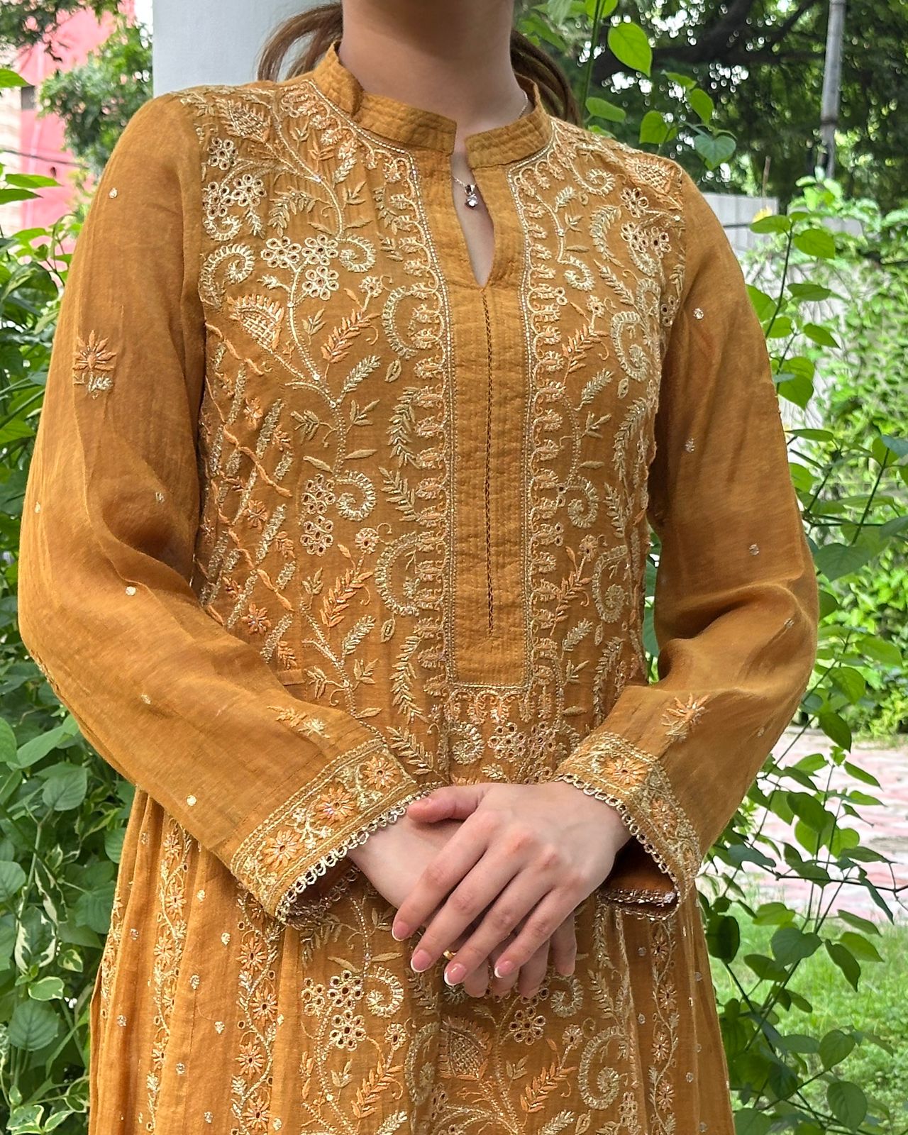 Mustard Yellow Tissue Silk Chikankari Anarkali