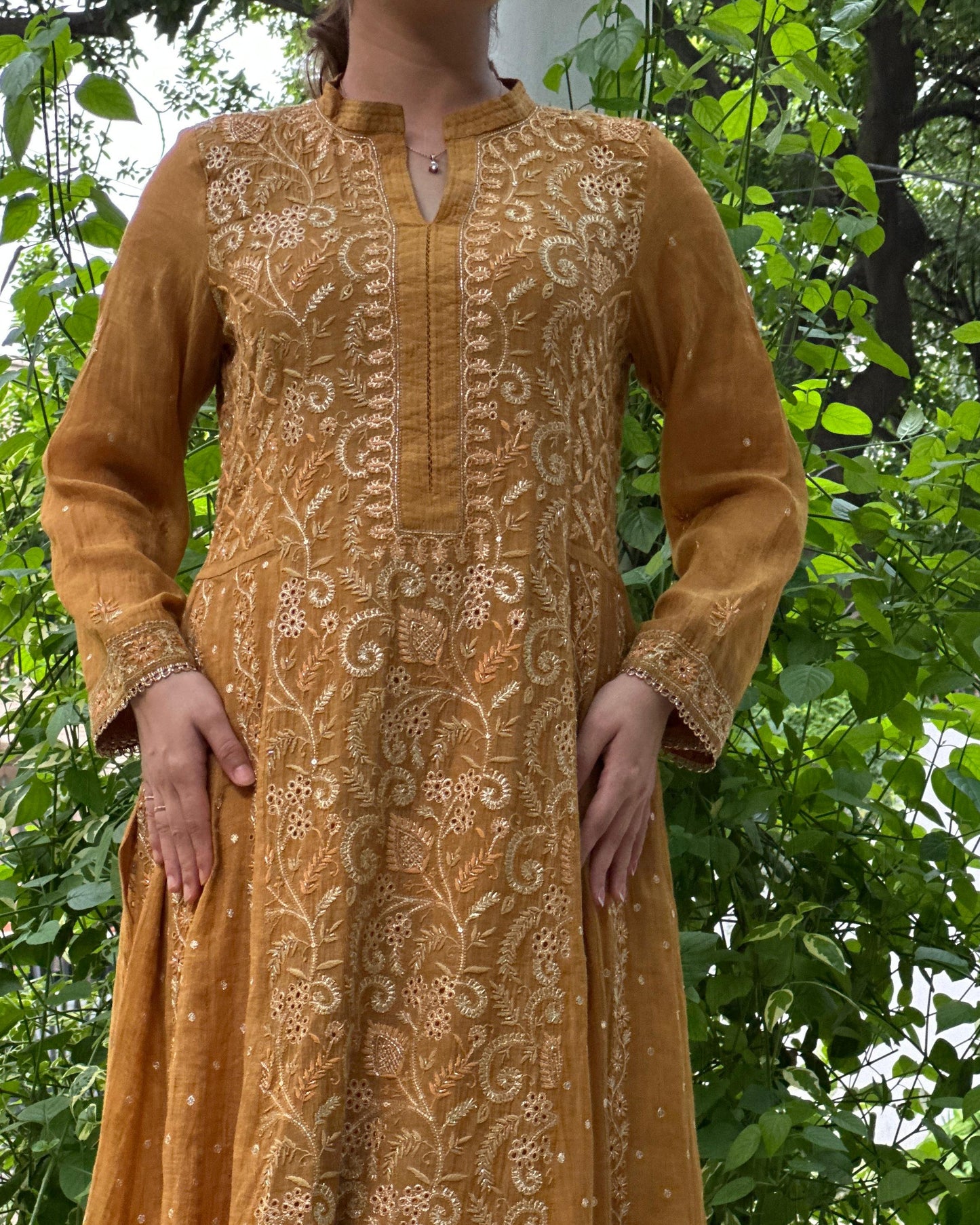 Mustard Yellow Tissue Silk Chikankari Anarkali