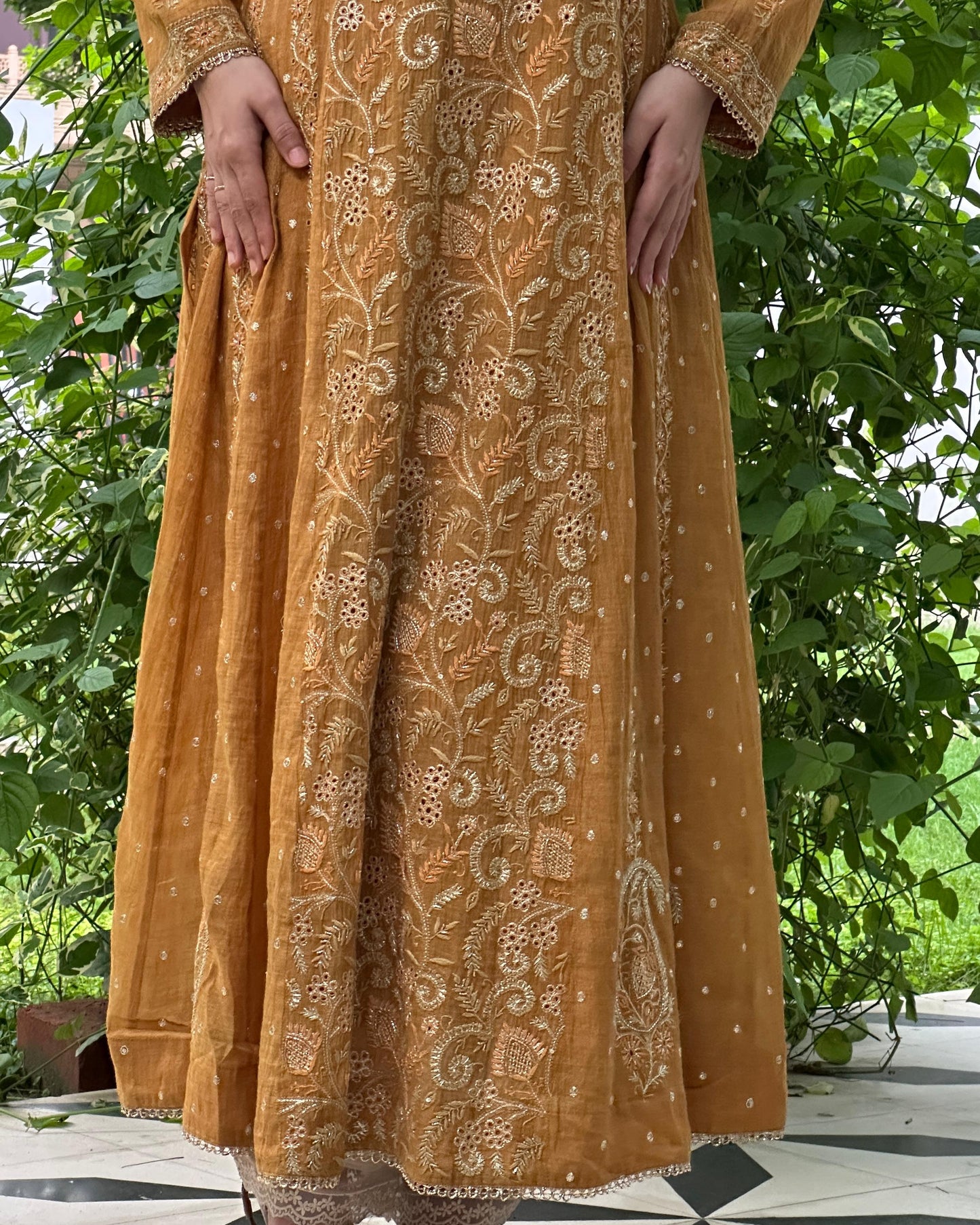 Mustard Yellow Tissue Silk Chikankari Anarkali