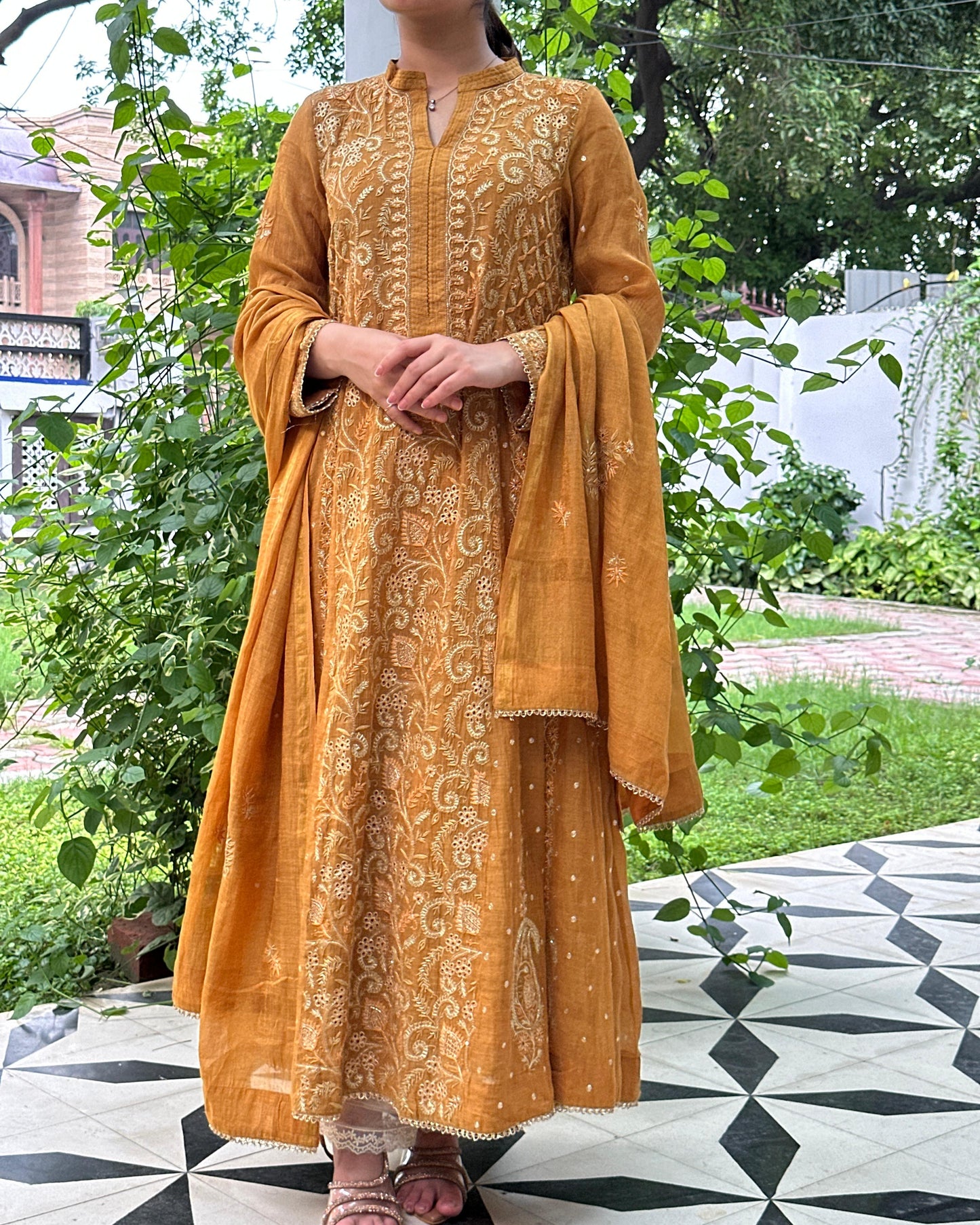 Mustard Yellow Tissue Silk Chikankari Anarkali