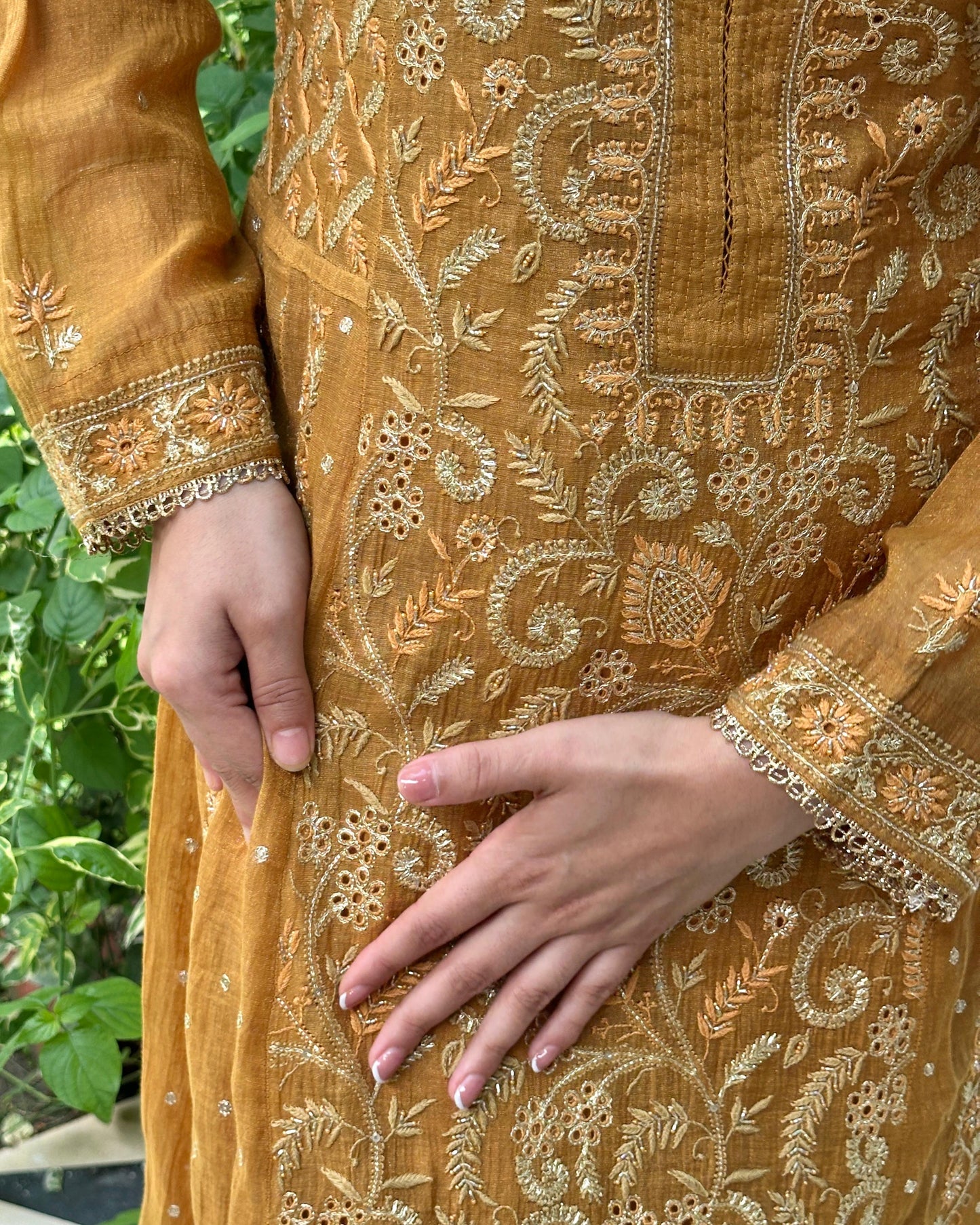 Mustard Yellow Tissue Silk Chikankari Anarkali