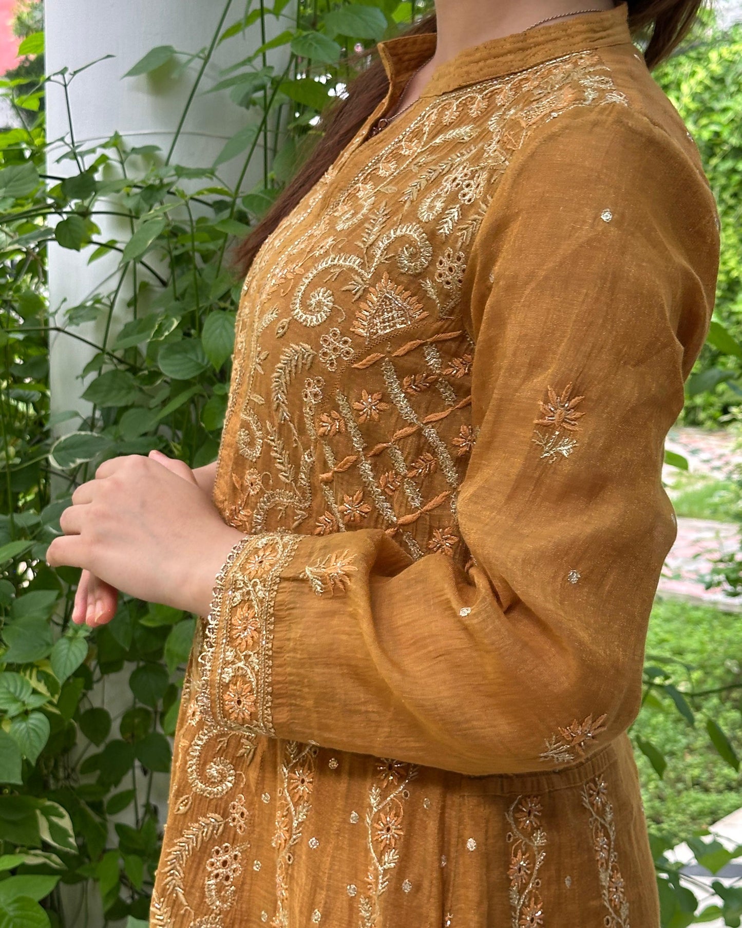 Mustard Yellow Tissue Silk Chikankari Anarkali