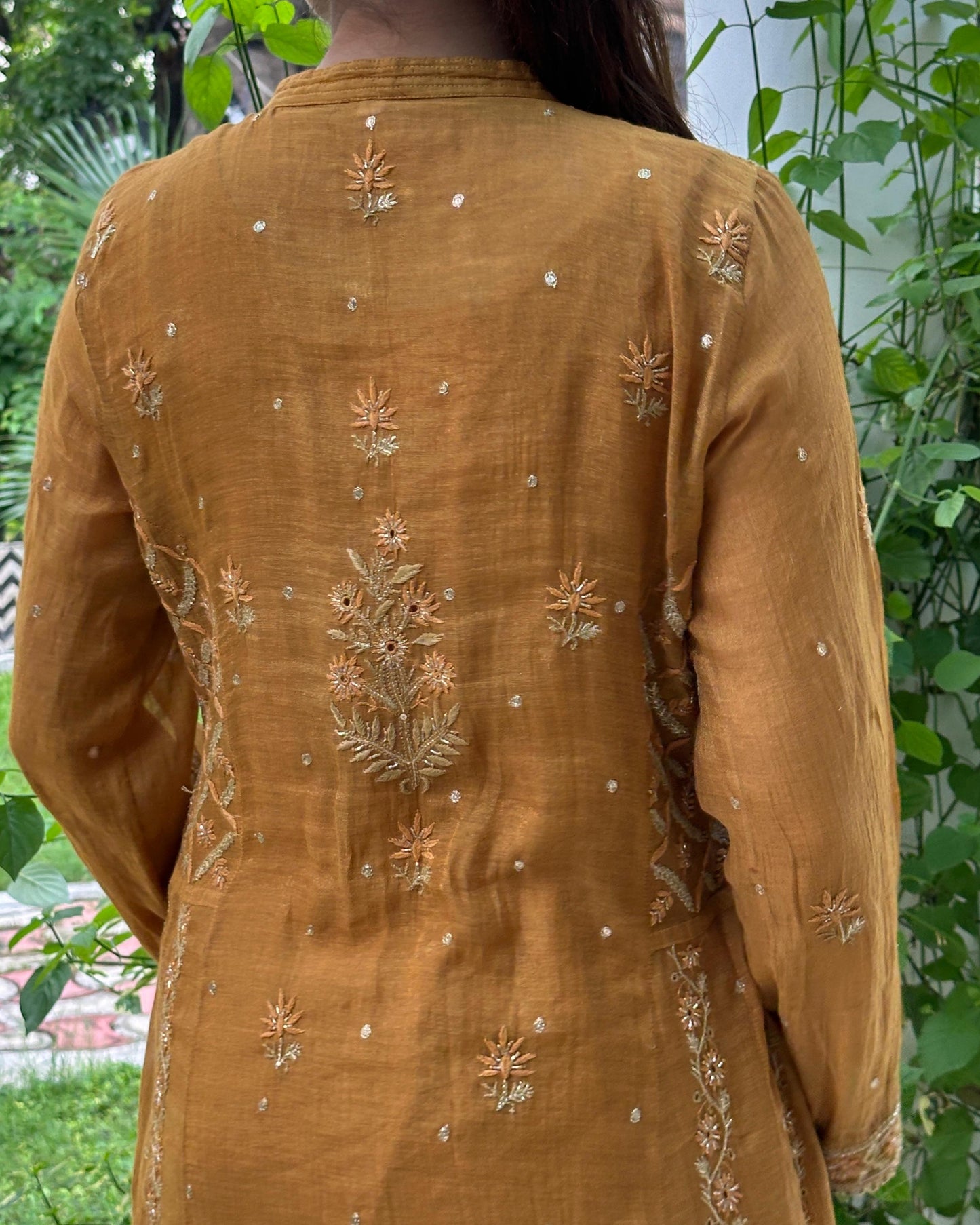 Mustard Yellow Tissue Silk Chikankari Anarkali