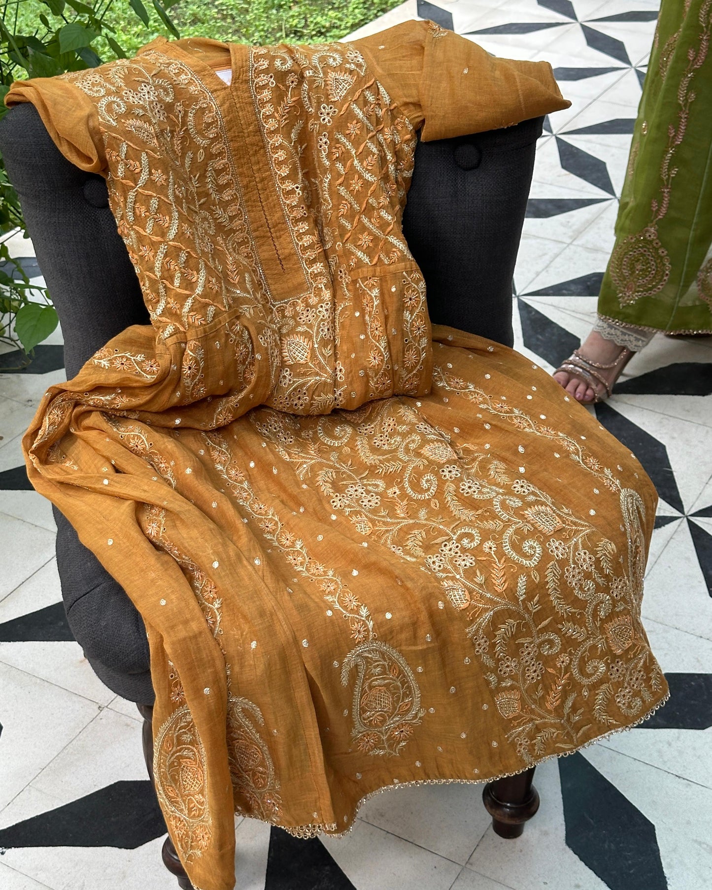 Mustard Yellow Tissue Silk Chikankari Anarkali