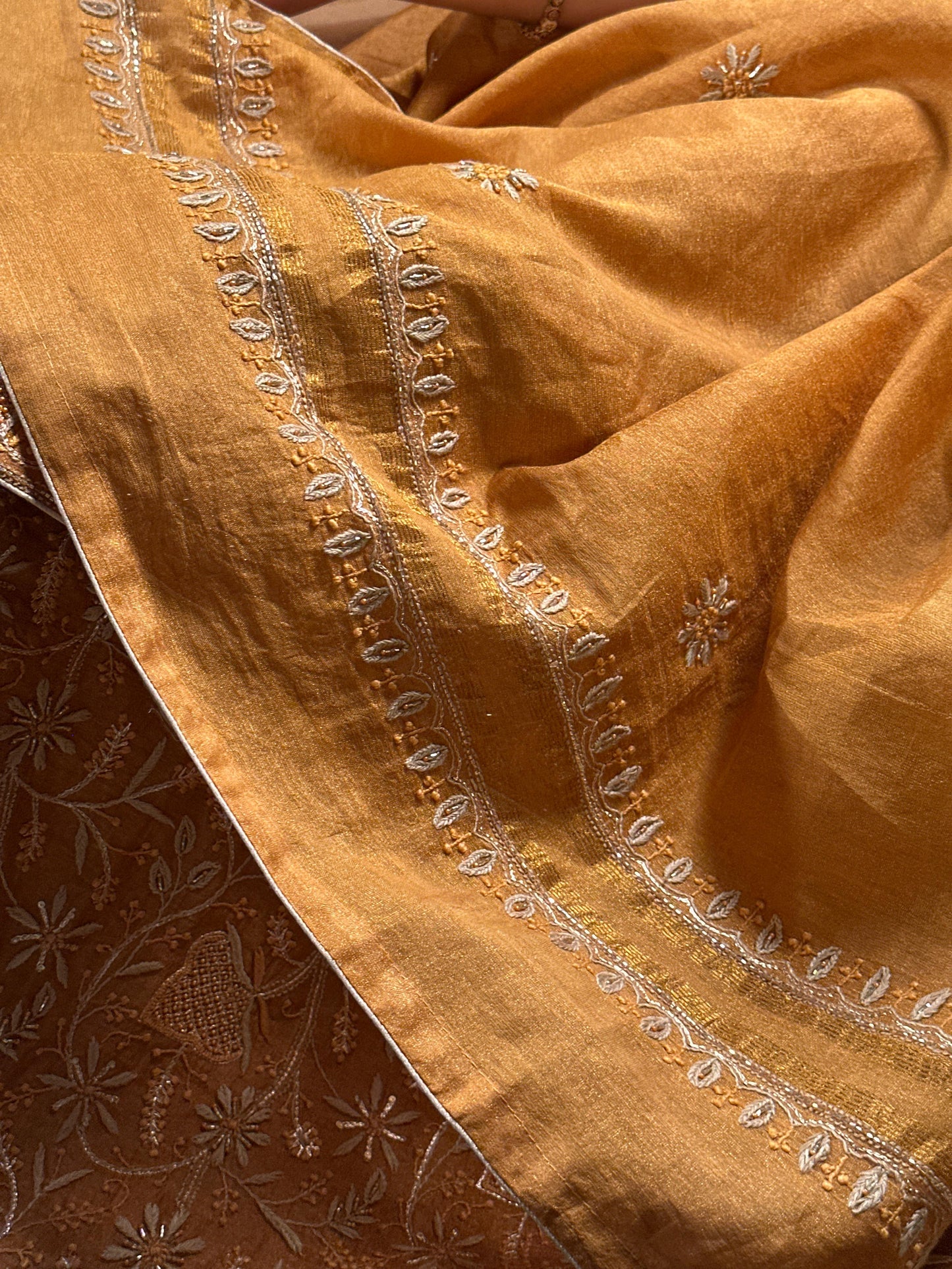 Gold Shade Tissue Silk Chikankari Unstitched Fabric