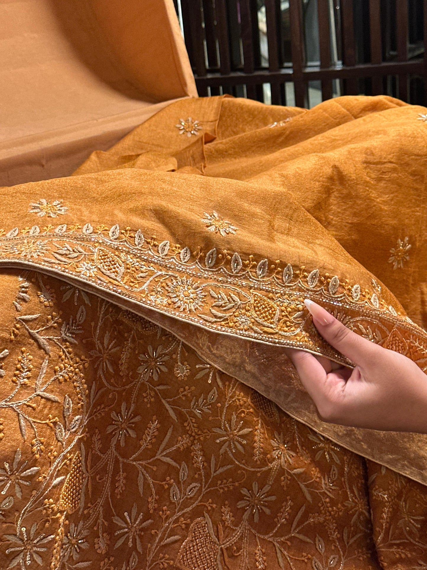 Gold Shade Tissue Silk Chikankari Unstitched Fabric