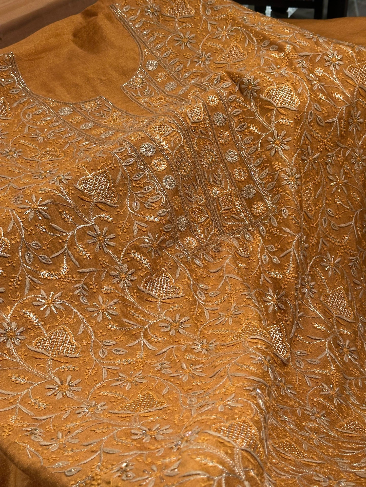 Gold Shade Tissue Silk Chikankari Unstitched Fabric