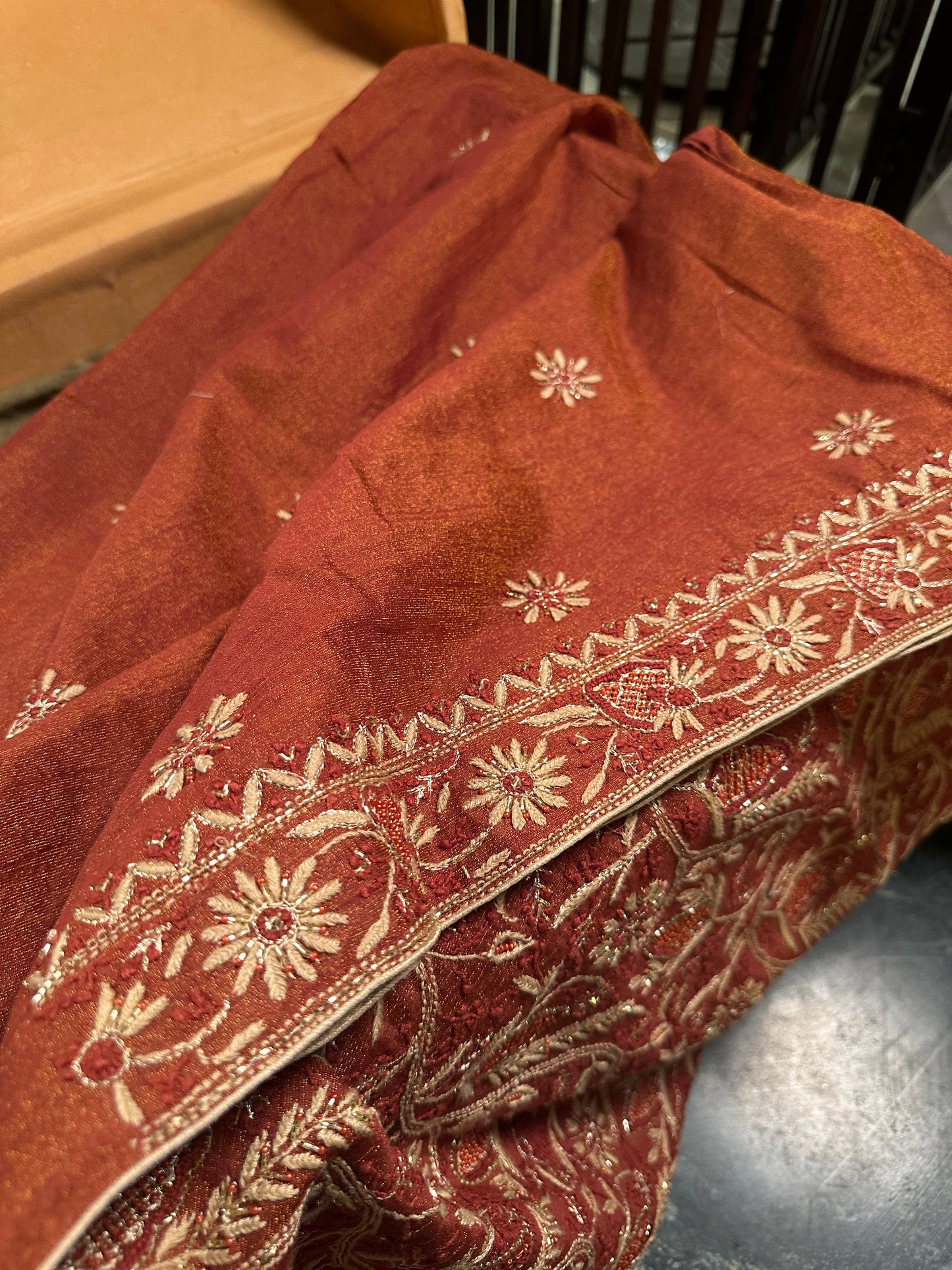 Rust Shade Tissue Silk Chikankari Unstitched Fabric