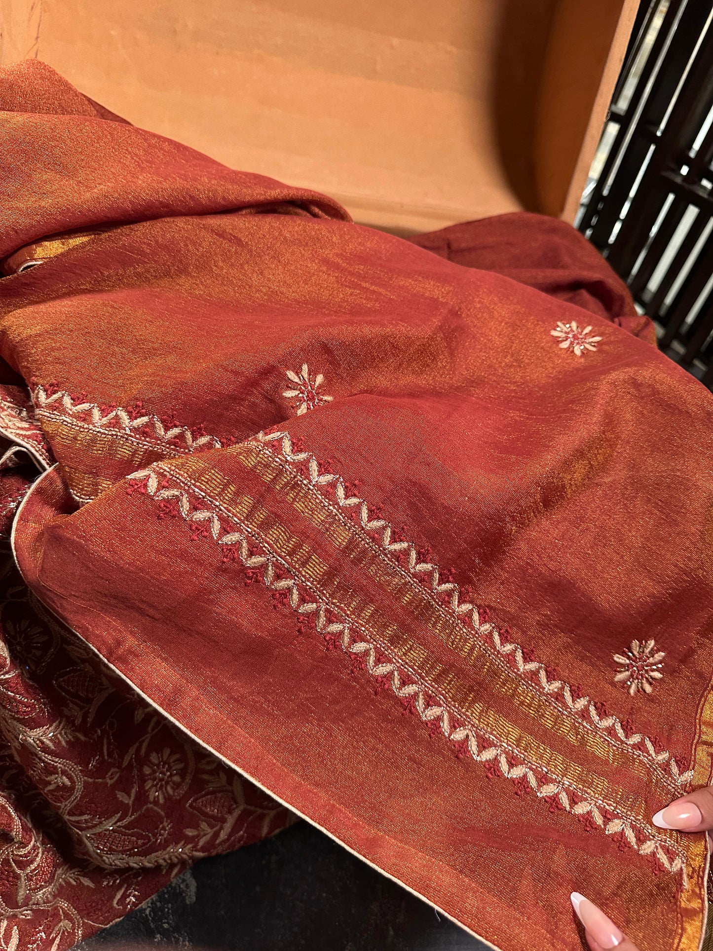 Rust Shade Tissue Silk Chikankari Unstitched Fabric