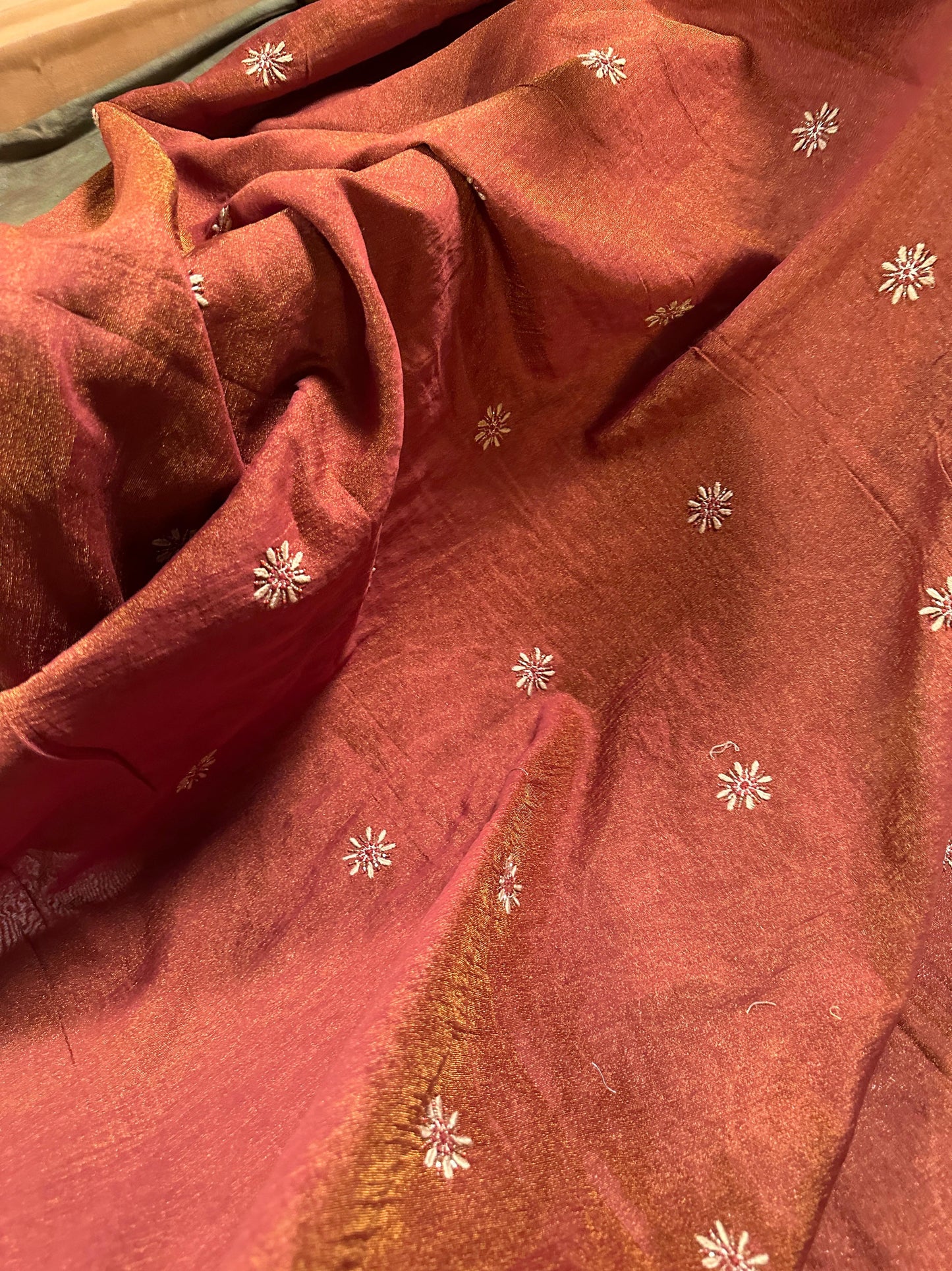 Rust Shade Tissue Silk Chikankari Unstitched Fabric