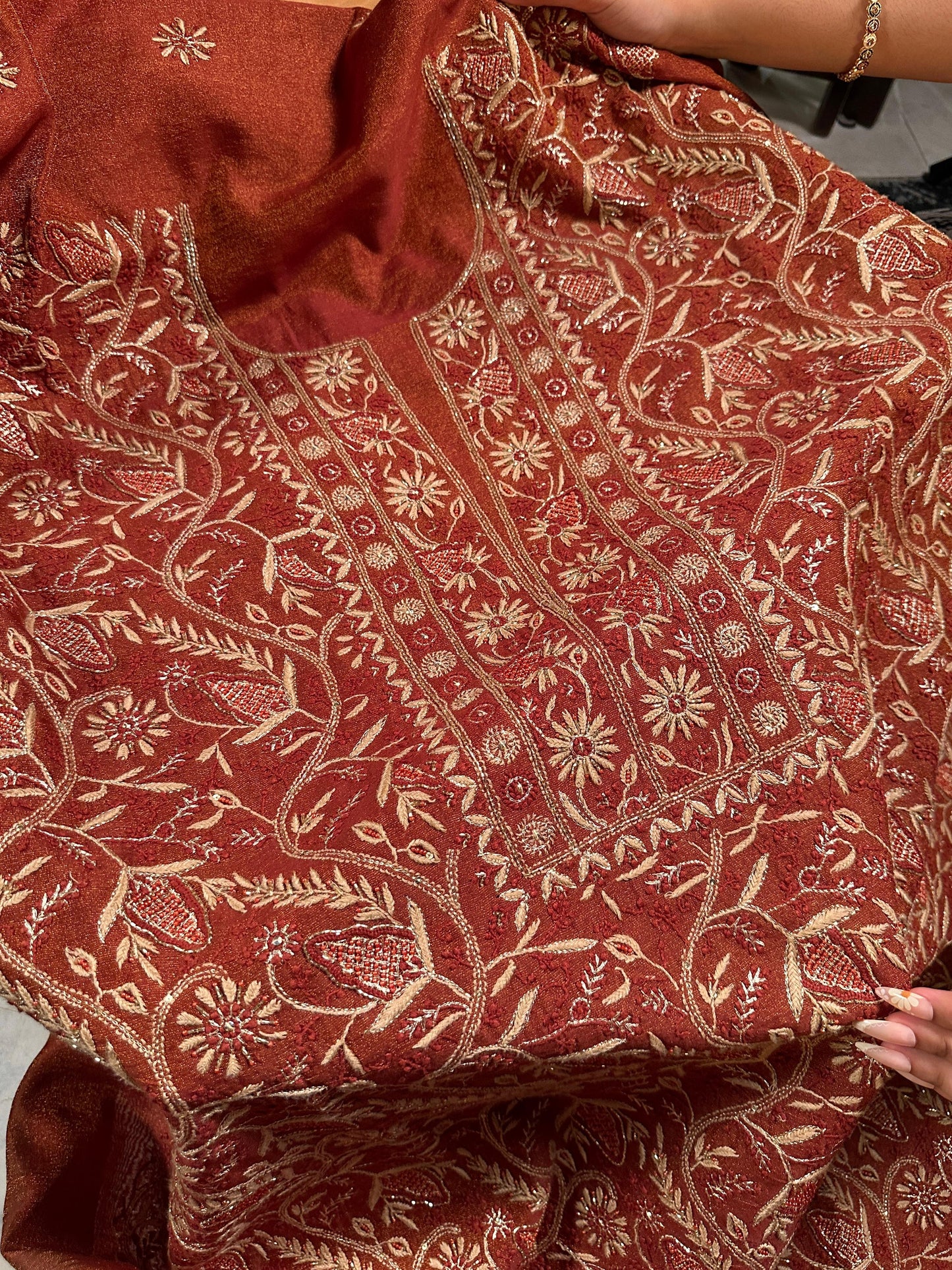 Rust Shade Tissue Silk Chikankari Unstitched Fabric