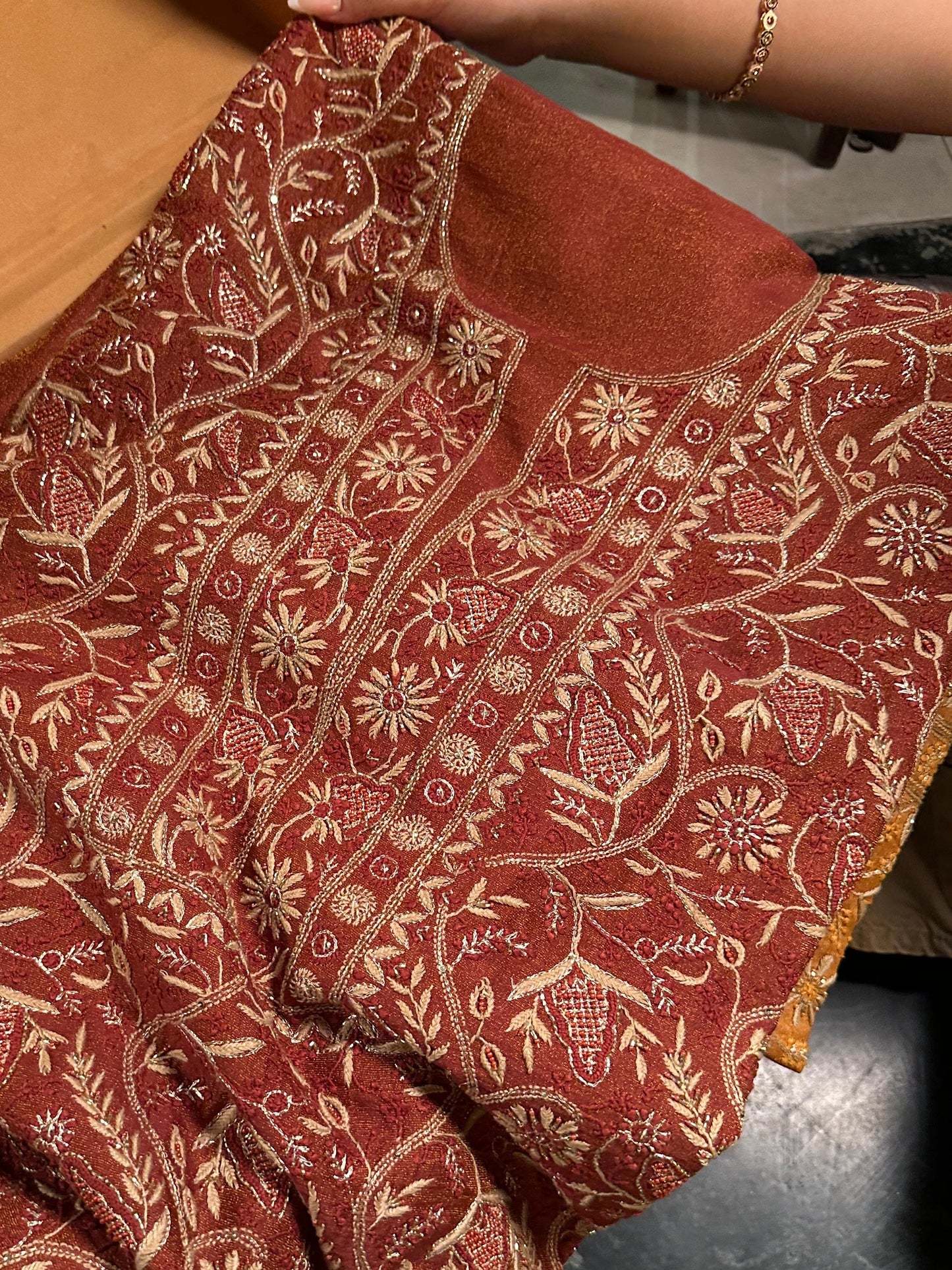 Rust Shade Tissue Silk Chikankari Unstitched Fabric
