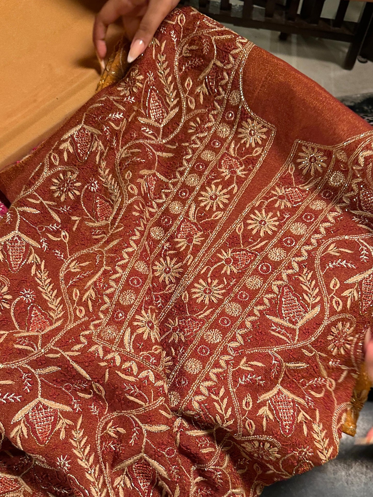 Rust Shade Tissue Silk Chikankari Unstitched Fabric