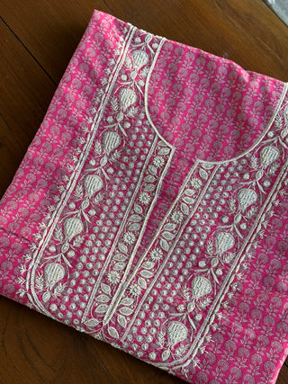 Pink Floral Cotton Kurta Fabric with Chikankari & Sequin Work