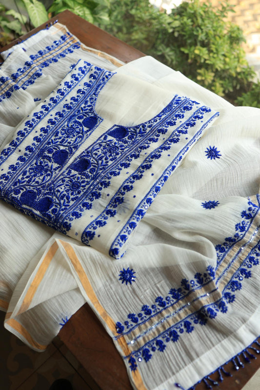 Indigo White Mal Chanderi Silk Chikankari Unstitched Fabric