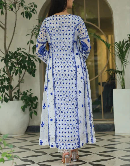Indigo White Malmal Pearl Work Chikankari A Line Kalidar Kurta With Dupatta