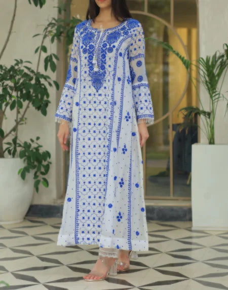Indigo White Malmal Pearl Work Chikankari A Line Kalidar Kurta With Dupatta