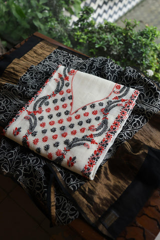 Ivory Mul Chanderi Silk Kalamkari Unstitched Kurta Dupatta Set